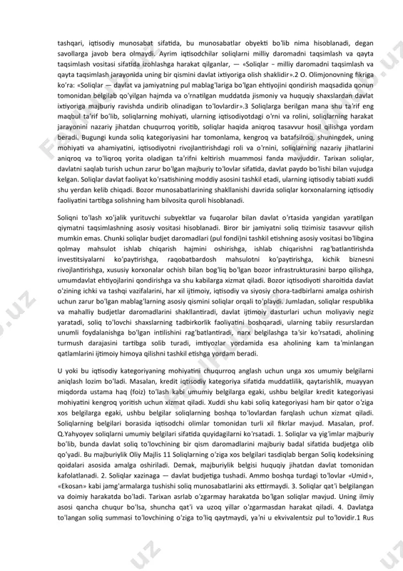 rolini va soliq qonunchiligiga asos bo‘lgan soliq tamoyillarini belgilash hamda soliq tizimida, jamiyat taraqqiyotida mavjud bo‘lgan soliqlarning tutgan o‘rnini aniqlash zarurdir. chunki, davlat paydo bo‘lishi bilan soliqlar jamiyatdagi iqtisodiy munosabatlarning zaruriy talablaridan biri hisoblanib kelingan. davlat tuzilish 7 shakllarini rivojlanishi bilan bir vaqtda soliq tizimi o‘zgargan va takomillashtirilgan. soliq tizimining o‘zgarishi va takomillashtirilishi soliqlarning turlari, miqdorlari va yig‘ib olish usullari xilma-xil bo‘lganligi bilan asoslanib kelingan. masalan, sharq mamlakatlari iqtisodiyoti tarixida soliqlar aholidan shaxsiy mol-mulk, yerdan olingan hosil, uy hayvonlari va boshqalar uchun «zakot» sifatida olingan. davlat faoliyatining barcha yo‘nalishlarini mablag‘ bilan ta’minlashning asosiy manbalaridan biri va davlat ustuvorligini amalga oshirishning iqtisodiy vositasi soliqlardir. soliq tizimini tartibga solish va mukammallashtirish moliyaviy tizimni rivojlantirishga yordam beradi. iqtisodiyotni davlat tomonidan soliqlar orqali tartibga solish, davlat budjeti daromadlarini shakllantirish soliq solish vositasida jamiyatdagi u yoki bu jarayonlarning rivojlanishiga ta’sir etuvchi usuli hisoblanadi. davlatning mavjudligi soliqlar bilan uzviy bog‘liq, chunki soliqdan tushadigan tushumlar davlat iqtisodiy …