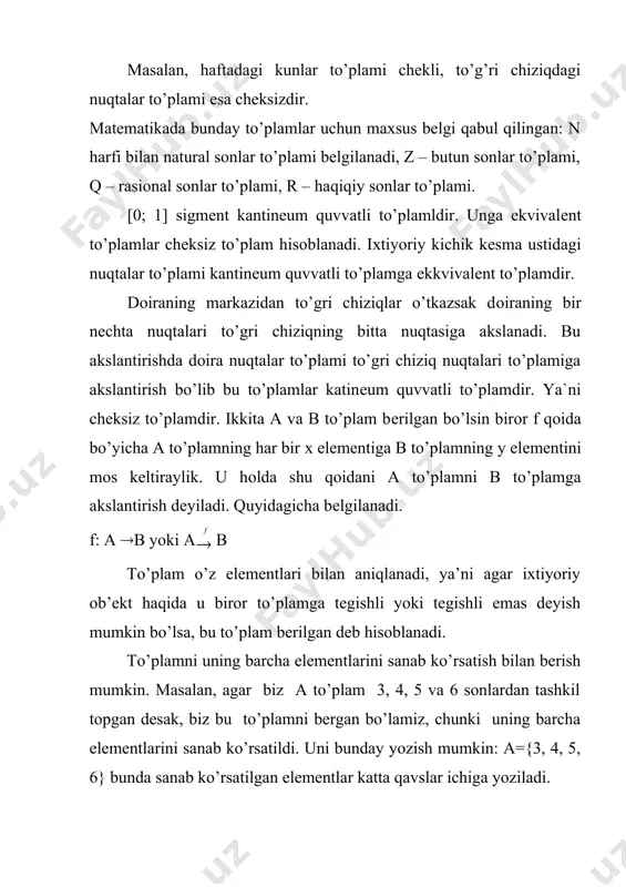 g ham elementi bo’lsa, b to’plam a to’plamning qism to’plami deyiladi. agar b a to’plamning qism to’plami bo’lsa, b a kabi yoziladi va bunday o’qiladi: “b a ning qism to’plami”. “b to’plam a ga kiradi”. ta’rif: agar a b va b a bo’lsa, a va b to’plamlar teng deyiladi. agar a va b to’plamlar teng bo’lsa, u holda a = b kabi yoziladi. kesishmaydigan to’plamlar umumiy nuqtaga ega bo’lmagan ikkita doira yordamida tasvirlanadi. 2. to’plamlar kesish masi ta’rif: a va b to’plamlarning kesishmasi deb shunday to’plamga aytiladiki, u faqat a va b to’plamga tegishli elementlarnigina o’z ichiga oladi. a va b to’plamlarning kesishmasi a b kabi belgilanadi. agar a va b to’plamlarni eyler doiralari yordamida tasvirlasak, u holda berilgan to’plamlarning kesishmasi shtrixlangan soha bilan tasvirlanadi (1-rasm). agar a va b to’plamning elementlari sanab ko’rsatilgan bo’lsa u holda a b ni topish uchun a va b ga tegishli bo’lgan elementlarni, ya’ni …