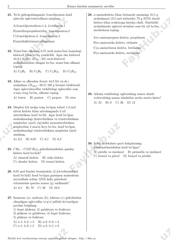 6 d) 1, 2, 3 13. oksidlanish-qaytarilish reaksiyasida 24 g xo2− 4 ionlari 0,5·na dona elektron biriktirib oldi va xo2 birikmasi hosil bo‘ldi. x elementning tartib raqamini aniqlang. a) 15 b) 16 c) 34 d) 52 14. 0,1 mol na2so4 · 12h2o tarkibli kristallogidrat ma’lum miqdordagi suvda eritilib 1 molyalli eritma hosil bo‘lgunga qadar 10 amper tok bilan 19300 sekund davomida elektroliz qilindi. kristallogidrat necha gramm suvda eritilganligini aniqlang. a) 80,2 b) 246,4 c) 96,4 d) 182 15. cuso4 eritmasi inert elektrodlar yordamida elektroliz qilinganda eritma massasi 50 g ga, eritmadagi atomlar soni esa 3,8·n(a) ga kamaydi. eritmadan necha faradey tok o‘tganini aniqlang. a) 2,8 b) 1,5 c) 1 d) 3 16. ishqoriy metall oksidida kislorodning massa ulushi metallnikidan katta. ishqoriy metallning nisbiy atom massasini toping. a) 23 b) 85 c) 7 d) 39 17. berilgan kompleks birikmalardan neytral kompleksni tanlang. a) [ag(nh3)2]cl b) k4[fe(cn)6] c) [co(nh3)3(no2)3] d) (aloh)3(po4)2 18. …
