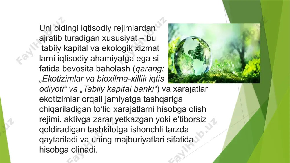 o‘rnak bo‘lishi va mamlakatning o‘ziga xos sharoitlariga moslashtirilgan strategiyalar ishlab chiqishga yordam berishi mumkin. o‘zbekiston misolida yashil iqtisodiyot o‘zbekistonda yashil iqtisodiyotni rivojlantirish strategik vazifa hisoblanadi. 2030 yilgacha qayta tiklanadigan energiya manbalarining ulushini oshirish, chiqindilarni qayta ishlash va ekologik toza texnologiyalarni joriy qilish bo‘yicha davlat dasturlari ishlab chiqilgan. shu bilan birga, sohada hali hal qilinishi kerak bo‘lgan muammolar mavjud: moliyaviy resurslarning yetishmasligi, texnologik infratuzilmaning rivojlanmaganligi va boshqa. uzbekistan gtl yashil iqtisodiyotni rivojlantirish uchun davlat strategiyasi o‘zbekiston "yashil iqtisodiyotga o‘tish strategiyasi"ni qabul qilgan (2019–2030 yillar uchun). ushbu strategiyaning asosiy yo‘nalishlari quyidagilardan iborat: -qayta tiklanadigan energiya manbalarini rivojlantirish. -suv resurslarini tejash va samarali boshqarish. -iqlim o‘zgarishiga moslashuv va chiqindilarni kamaytirish. -qishloq xo‘jaligida ekologik texnologiyalarni joriy etish. -transport sohasini ekologik xavfsiz qilish. strategiya 2030 yilga borib iqtisodiyotning energiya- samaradorligini 30 foizga oshirish va qayta tiklanadigan ---energiya ulushini 25 foizga yetkazishni maqsad qilgan. qayta tiklanadigan energiya manbalari o‘zbekiston geografik joylashuvi tufayli quyosh va shamol energiyasidan …
