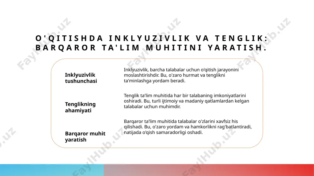 sh barcha talabalarning ehtiyojlarini inobatga olgan holda ta'lim jarayonini tashkil etishga qaratilgan yondashuvdir. bu metod, o'quvchilarning turli qobiliyatlariga mos keladi. 2 birgalikda o'qitish - birgalikda o'qitish, o'qituvchilar va talabalar o'rtasidagi hamkorlikni rivojlantiradi. bu yondashuv, o'quvchilar o'rtasida tajriba almashish va o'qishni yanada samarali qilish imkonini beradi. 3 asosiy tushunchalar - inklyuziv va birgalikda o'qitish, ta'lim jarayonini boyitadi. ular, o'quvchilarning ijtimoiy ko'nikmalarini rivojlantirish va o'zaro hurmatni mustahkamlashda muhim ahamiyatga ega. o'xshashliklar: inklyuziv va birgalikda o'qitish metodlarining umumiy jihatlari. o'zaro aloqalar inklyuziv va birgalikda o'qitish metodlari o'quvchilar o'rtasida faol muloqot va hamkorlikni rivojlantirishga qaratilgan. turli ehtiyojlar har ikkala metod turli talabalarning ehtiyojlarini qondirishga yordam beradi, bu esa ta'lim jarayonini yanada qiziqarli va samarali qiladi. o'quv muhitini rivojlantirish inklyuziv va birgalikda o'qitish, inkluziv ta'lim muhitini yaratishga yordam beradi, bu esa o'quvchilarning ijtimoiy ko'nikmalarini oshiradi. farqlar: inklyuziv o'qitish va birgalikda o'qitish o'rtasidagi asosiy farqlar. 01 inklyuziv o'qitish inklyuziv o'qitish, barcha talabalarning ehtiyojlarini qondirishga qaratilgan. bu …