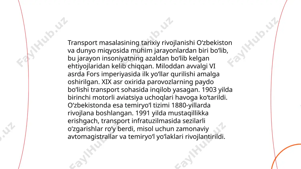 a. shuningdek, 2022 yilda toshkentda yo‘lovchi tashishda jamoat transporti ulushi 60% ga kamaydi. piyodalar uchun xavfsiz hududlar tashkil etish maqsadida shaharda 300 km yo‘l va 50 ta yo‘l o‘tish joylari mavjud. avtoulovlar uchun vaqtinchalik cheklovlar joriy etilib, tezlikni 60 km/soat ga cheklash e’lon qilingan. 2023 yil davomida benzin narxi 30% ga oshgan, bu esa transport xarajatlariga ta’sir ko‘rsatmoqda. jamoat transportida yo‘lkira narxining 15% ga oshishi ham kuzatildi. ... t.me/slaydai_bot 13. transport masalalari va ekologik muammolar transport masalalari va ekologik muammolar bugungi kundagi dolzarb masalalardan biridir. jumladan, transport vositalarining ko'payishi bilan havoga chiqariladigan zararli moddalar miqdori ham oshib bormoqda. o'zbekiston bo'yicha har yili 2,5 million tonna zararli gazlar atmosferaga chiqariladi. avtomobillarning ko'pchiligi eski va ekologik standartlarga javob bermaydi. shu sababli, toshkent shahrida so'nggi yillarda transport qatnovining zichligi 20 foizga oshib, bu esa tirbandlik va havo ifloslanishini kuchaytirmoqda. iqtisodiyot va atrof-muhit uchun zararlarni kamaytirish maqsadida elektromobillar va jamoat transportiga o'tish imkoniyatlari ko'rib …