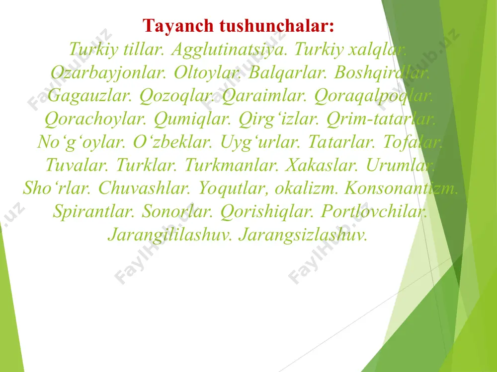 ing boshi): q.turk., tur., ozarb., turkm., gag., qirg‘.,q.balq., qum., tuv., bash; qoz., bas, no‘g‘. bas, q.qalp. bas, yoqut. bas, kar. bash, bas, xak. pas; qaz (qazmoq): q.tur., uyg‘., no‘g‘., qum., q.balq., kar., qoz., qaz; tur. kaz; gag., ozarb. gaz, xak., yoq., olt. xas va hokazo. a>a°. aning lablanib, orqaga siljishi tatar va boshqird tillari uchun xosdir: baqїr: tur., qirg‘., qum., no‘g‘., baqїr, qoz. baqьr, turk bakїr, turkm. bakїr, tat. ba°kr, boshq. ba°qr; qara (qora): q.tur.,qoz., qirg‘., no‘g‘., qum.qara; tur. kara, tat.,boshq. qa°ra; at (hayvon): q.tur.., tur., ozarb., no‘g‘., qoz. at; tat., boshq. a°t. a>u. ushbu hodisa quyi chuvash dialektiga asoslangan chuvash adabiy tili uchun xarakterlidir: bash (bosh): chuv. pus; tap (top): qirg‘., qoz., tur., tap; chuv. tup; yar (yormoq, parchalamoq): no‘g‘., uyg‘., qum.,qoz., qirg‘., jar; xak.., tuv. char, olt. dar, chuv. sur. a>uning oraliq darajasi a>o bo‘lib, u yuqori chuvash dialektida hozir ham saqlangan. a>o. bu holatda keng o lab …