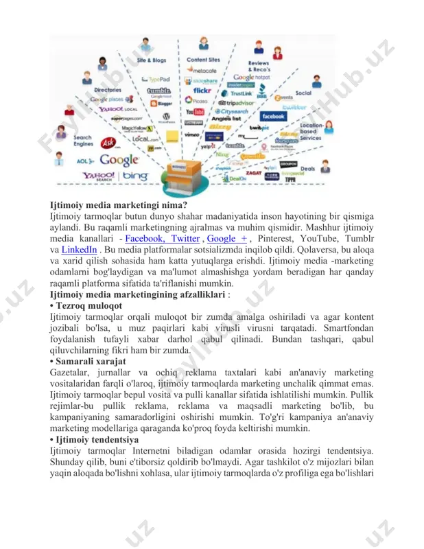hayotining bir qismiga aylandi. bu raqamli marketingning ajralmas va muhim qismidir. mashhur ijtimoiy media kanallari - facebook, twitter , google + , pinterest, youtube, tumblr va linkedin . bu media platformalar sotsializmda inqilob qildi. qolaversa, bu aloqa va xarid qilish sohasida ham katta yutuqlarga erishdi. ijtimoiy media -marketing odamlarni bog'laydigan va ma'lumot almashishga yordam beradigan har qanday raqamli platforma sifatida ta'riflanishi mumkin. ijtimoiy media marketingining afzalliklari : • tezroq muloqot ijtimoiy tarmoqlar orqali muloqot bir zumda amalga oshiriladi va agar kontent jozibali bo'lsa, u muz paqirlari kabi virusli virusni tarqatadi. smartfondan foydalanish tufayli xabar darhol qabul qilinadi. bundan tashqari, qabul qiluvchilarning fikri ham bir zumda. • samarali xarajat gazetalar, jurnallar va ochiq reklama taxtalari kabi an'anaviy marketing vositalaridan farqli o'laroq, ijtimoiy tarmoqlarda marketing unchalik qimmat emas. ijtimoiy tarmoqlar bepul vosita va pulli kanallar sifatida ishlatilishi mumkin. pullik rejimlar-bu pullik reklama, reklama va maqsadli marketing bo'lib, bu kampaniyaning samaradorligini oshirishi mumkin. …