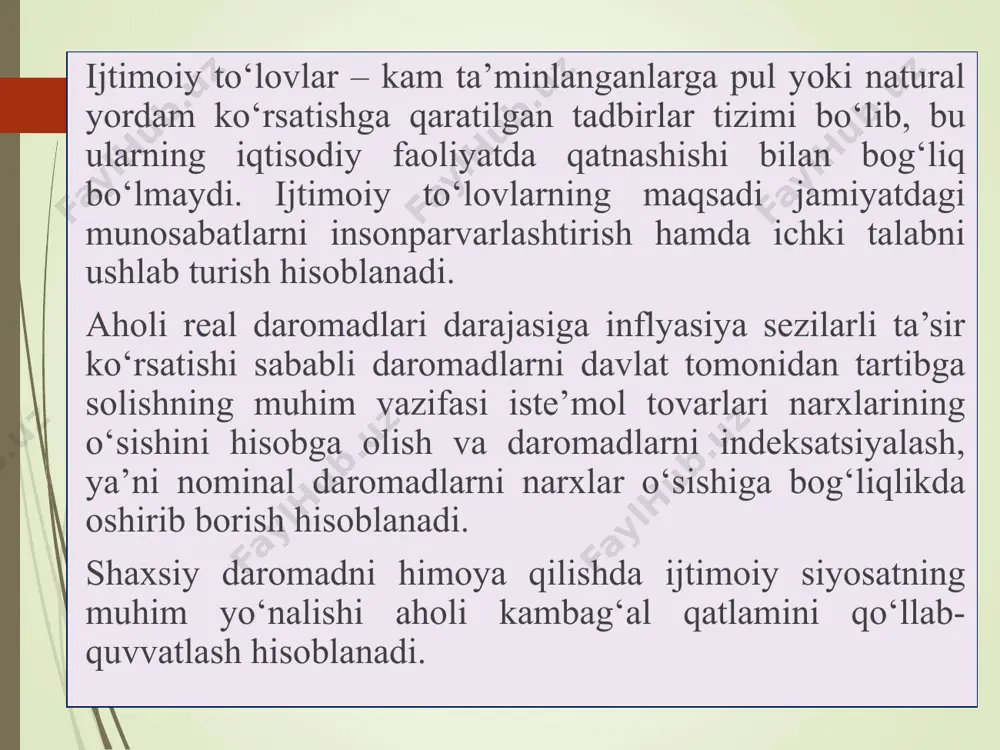 aholini ijtimoiy himoyalash borasida amalga oshirilayotgan chora-tadbirlar buning yaqqol dalilidir. jumladan, yaqin uch yil ichida ish haqini 2-2,5 barobar oshirish bo‘yicha qo‘yilgan strategik vazifaga muvofiq, 2007 yilda ish haqi, pensiya, stipendiya va nafaqalar miqdori 1,5 barobar ko‘paytirildi. 2007 yilning dekabrida o‘rtacha oylik ish haqi, xo‘jalik sub’ektlari va byudjet sohalarini hisobga olganda, 210 aqsh dollari miqdoriga teng, 2008 yilda esa 300 aqsh dollaridan ortiq bo‘ldi. 2006 yildan boshlab umumta’lim maktablari o‘qituvchilari va shifokorlar mehnatiga haq to‘lashning yanada takomillashtirilgan tizimi joriy etildi. natijada keyingi ikki yilda ularning ish haqi miqdori tegishli ravishda 2,8 va 2,7 barobar oshirildi. mamlakatimiz aholisi pul daromadlarining oshib borishi o‘z navbatida ular turmush sharoiti va sifatining bosqichma-bosqich yaxshilanib borishiga zamin yaratmoqda. bu esa, o‘tgan davrda qator ijobiy o‘zgarishlarni qo‘lga kiritish imkonini berdi. jumladan: - qoraqalpog‘iston respublikasi, xorazm viloyati, samarqand va buxoro, guliston, jizzax va qarshi shaharlarida aholini sifatli ichimlik suvi bilan ta’minlashni yaxshilash bo‘yicha yirik investitsion loyihalar amalga …