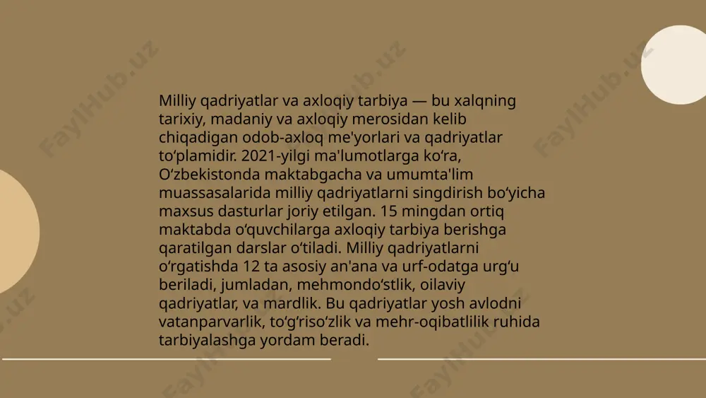 tnashadi. diniy va axloqiy tarbiya milliy dasturning 25% qismini tashkil etadi, bu esa yoshlarda mustahkam axloqiy asos va diniy tushunchalarni rivojlantirishga yordam beradi. mliy tarbiya asosida axloqiy tarbiya berish normurodova nargiza 103 gruh talabasi e'tiboringiz uchun raxmat! image1.png image2.png image3.png image4.jfif image5.png image6.jfif image7.jfif /docprops/thumbnail.jpeg