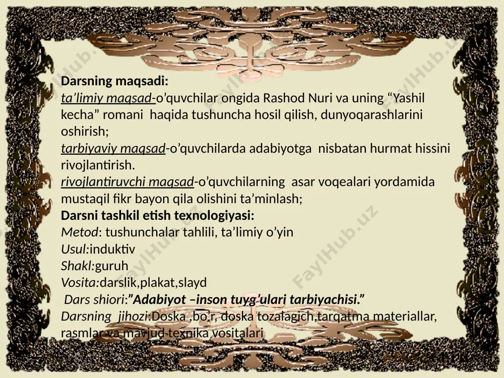 n kunidanoq boshlangan edi… shoxin 25-30 atroflaridagi yigit bo’lishiga qaramay dunyoqarashi keng,yaxshi tarbiya ko’rgan, din ilmini ham chuqur o’rgangan yosh muallimlardan edi.otasi yoshligida vafot etib, yolg’iz, qari kasalmand onasi uchun ishlar ,softalik qilar va uyma-uy yurib ramazon oylarida zakot yig’ib yurardi.qo’liga tushgan 3-4 so’mni onasiga yuborar,ko’proq pul yig’ib onasini oyoqqa turg’izmoqchi bo’lar edi.ammo onasining o’limi uni bu ishlardan butunlay sovitdi.garchi ona o’limini eshitib oddiy qabul qilgan bo’lsa-da,hayotdagi maqsadi yo’qoldi… sariovadek qoloq, madaniyatdan ancha yiroq bir qishloqda tub o’zgarishlar qilishni xohlagan shoxinbek bu yerda anchayin qiyinchiliklarga duch keldi.aholi ongiga o’rnashib olgan “din va o’ch” kabi sarqitlardan ularni qutqarib, bolalarga dunyoviy ilmlarni o’rgatmoqchi bo’lgan shoxinbey, ayub afandi, zuhti afandi va tolib bey singari muallimlar jamiyati a’zolarining tazyiqiga uchradi.ular bilan qanday bo’lsayam kurashib eski bir diniy madrasa o’rnida “amir dada “ maktabini tashkil etgan shoxin afandiga bu yo’lda diyonatli va halol kishilar rasim, najib tentak, kozim afandi singari ko’plab kishilar yordam berdilar. yashil …