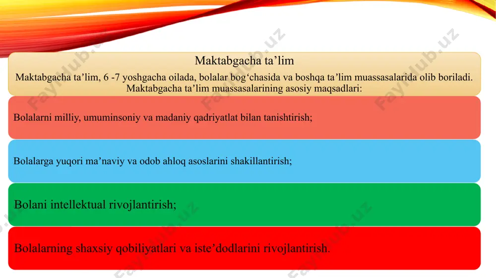 fan doktori ilmiy darajasi berilib, davlat tomonidan tasdiqlangan namunadagi diplom topshiriladi. shaxs – kadrlar tayyorlash tizimining bosh subʼyekti va obʼyekti, taʼlim sohasidagi hizmatlarining isteʼmolchisi va ularni amalga oshiruvchisi; davlat va jamiyat – taʼlim va kadrlar tayyorlash tizimining faoliyatini tartibga solish va nazorat qilishni amalga oshiruvchi, kadrlar tayyorlash va ularni qabul qilib olishning kafillari; uzliksiz ta’lim – malakali raqobatbardosh kadrlar tayyorlashning asosi boʻlib, taʼlimning barcha turlarini, davlat taʼlim standartlarini, faoliyat koʻrsatish muhitini oʻz iciga oladi. fan – yuqori malakali mutaxassislar tayyorlovchi va ulardan foydalanuvchi, ilgʻor pedagogik va axborot texnologiyalarini ishlab chiqaruvchi; kadrlar tayyorlash dasturini ro’yobga chiqarish bosqichlari milliy dasturning maqsad va vazifalari bosqichma-bosqich roʻyobga chiqariladi. - birinchi bosqich (1997-2001) – mavjud qadrlar tayyorlash tizimining ijobiy salohiyatini saqlab qolish asosida ushbu tizimni isloh qilish va rivojlantirish uchun huquqiy, kadrlar jihatidan ilmiy-uslubiy, moliyaviy-moddiy shartsharoitlar yaratish. - ikkinchi bosqich (2001-2005) – milliy dasturni toʻliq roʻyobga chiqarish, mehnat bozori rivojlanishi va real ijtimoiy-iqtisodiy sharoitlarni hisobga …
