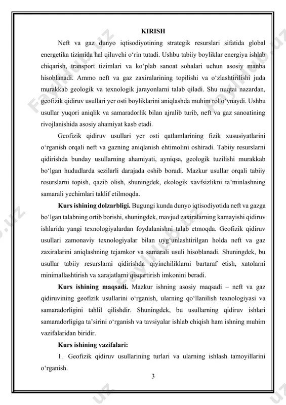 iy tadqiqotlarni o‘z ichiga oladi: · geofizik o‘lchovlar va tahlillarni amalga oshirish. · seysmik va gravimetrik usullardan foydalanish orqali statistik ma’lumotlarni tahlil qilish. · zamonaviy geofizik texnologiyalar bo‘yicha ilmiy-adabiy manbalarni o‘rganish. kurs ishining tuzilishi. kirish, texnik qism (adabiy sharh), texnologik qism, xulosa va adabiyotlar ro‘yxatidan iborat. ish davomida neft va gaz qidiruvining geofizik usullari keng ko‘lamda tahlil qilinib, amaliy misollar va ilmiy nazariyalar asosida o‘rganiladi. neft va gaz konlarini qidirishning geofizik usullari geofizik qidiruv usullari bo‘yicha o‘tkazilgan xalqaro va mahalliy tadqiqotlar ushbu sohaning rivojlanishida muhim o‘rin tutadi. ilg‘or davlatlarning neft va gaz izlash texnologiyalari bo‘yicha olib borilgan izlanishlari ko‘pincha mahalliy amaliyotda qo‘llanilib, qidiruv ishlari samaradorligini oshiradi. xalqaro miqyosda seysmik qidiruv va elektr razvedka usullari bo‘yicha o‘tkazilgan tadqiqotlar, xususan, amerika geofizika jamiyati (american geophysical union) va yevropa geofiziklar jamiyati (european association of geoscientists and engineers) tomonidan taqdim etilgan maqolalar alohida e’tiborga loyiqdir. ushbu tadqiqotlarda zamonaviy texnologiyalar – sun’iy intellekt, raqamli signal …