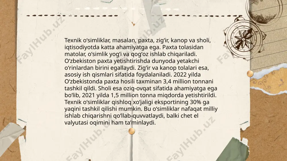 boʻlib, yiliga dunyo boʻylab oʻsha oʻsimliklar hosilining taxminan 20-30% i yoʻqolishiga sabab boʻladi. yevropa mamlakatlarida oʻsimliklar kasalliklari bilan kurashish uchun har yili milliardlab evro sarflanadi. samarali kurashish strategiyalari, sifatli urugʻlardan foydalanish va biologik nazorat usullarini qoʻllash orqali kasalliklar kamaytirilishi mumkin. 21-asrda oʻsimliklar kasalliklari va zararkunandalariga qarshi samarali va ekologik xavfsiz choralarni qoʻllash muhimdir. ... t.me/slaydai_bot 11. mahsuldorlik va sifat koʻrsatkichlari mahsulot ishlab chiqarishda muhim ahamiyatga ega. mahsuldorlik koʻrsatkichi, odatda, ishlab chiqarilgan mahsulot hajmini o'lchov birligi (soat, kun) hisobida ifodalaydi. misol uchun, sanoatda har bir ishchi soatiga 25 mahsulot ishlab chiqarishi mumkin. sifat koʻrsatkichlari esa mahsulotning talab darajasida ekanligini aniqlaydi, masalan, sifatsiz mahsulotlar ulushi 5% dan oshmasligi kerak. keng tarqalgan standart iso 9001 sifatlilikni boshqarish tizimlarini belgilaydi. mahsulotning mijoz talabiga muvofiqligi, aniqlik va mustahkamlik darajalari bilan oʻlchanadi. oʻzbekistonda 2022-yilda ishlab chiqarilgan sanoat mahsulotlarining sifat koʻrsatkichlari 15% ga oshgan. keng qamrovli sifat va mahsuldorlik boshqaruvi iqtisodiy samaradorlikni oshiradi. ... t.me/slaydai_bot sugʻorish va …