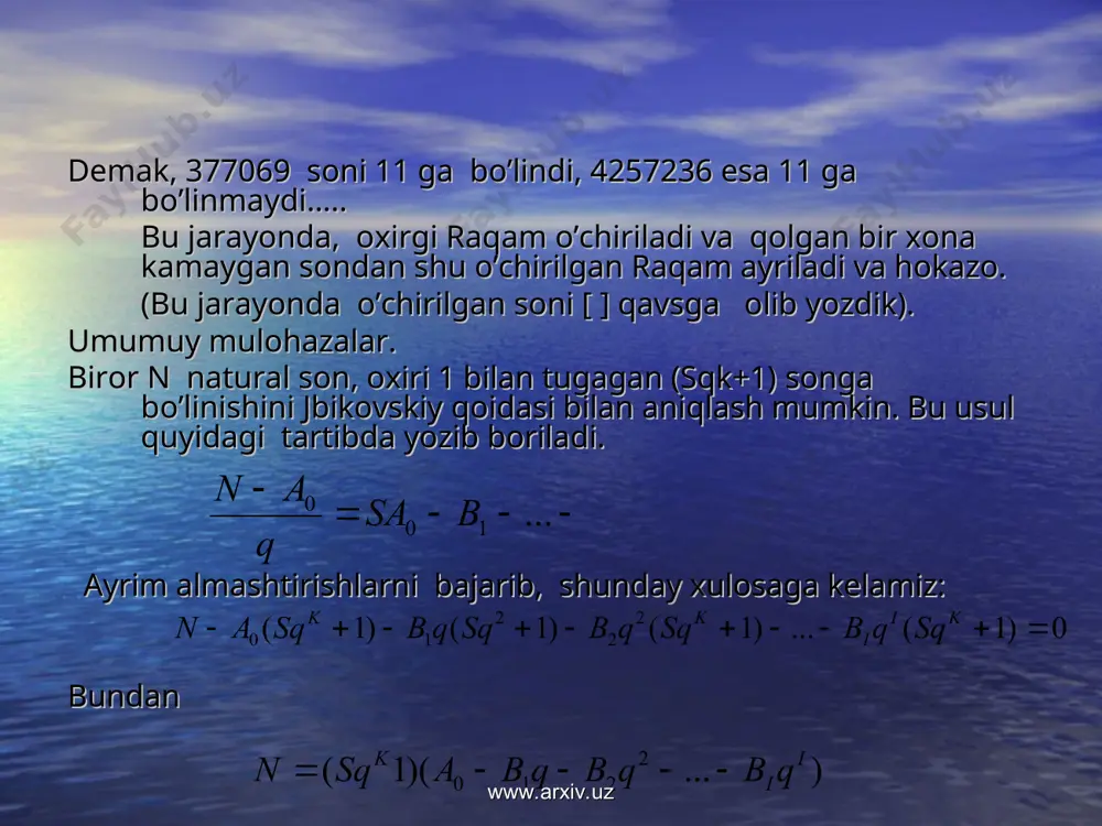 ularni oxiri bir bilan tugagan(21,91,161,231,…. kabi) sonlarga aylantiramiz. so’ngra yuqorida aytilgan usuldan foydalanib, bo’linmani topamiz. hosil bo’lgan bo’linma 7 marta kamaygani uchun. uni yana 7 ga ko’paytirib, izlangan bo’linmani topamiz. www.arxiv.uz www.arxiv.uz 5. sonlarni 7 bilan tugagan(7. 17, 27,37, 47,….kabi) sonlarga bo’linishi buning uchun bo’linivchilarni 3 ga ko’paytirib, oxiri bir bilan tugagan sonlarga kelamiz(21,51, 81, 111, 141,… kabi). bu holda chiqadigan bo’linma 3 marta kamayadi. so’ngra, chiqqan bo’linmani yana 3 ga ko’paytirib, haqiqiy bo’linmani hosil qlamiz. misollar: 72975:7=? va 197802:37=? larni toping. yechish: aytilganlarga ko`ra avval 72975:7 va 197802:37 bo’linmalarni topamiz. www.arxiv.uz www.arxiv.uz 7297[5] - 10 2*5 728[7] - 14 2*7 71[4] -8 2*4 6[3] 6 2*3 0 19780[2] - 22 11*2 1975[8] - 88 11*8 188[7] - 77 11*7 11[1] - 11 11*1 0 www.arxiv.uz www.arxiv.uz hosil bo’lgan 3475 va 1782 sonlarni 3 ga ko’paytirib. 10425 va 5346 natijalarga kelamiz. 2072 ni 7 ga bo’linishin aniqlang agar bo’linsa, bo’linmani …