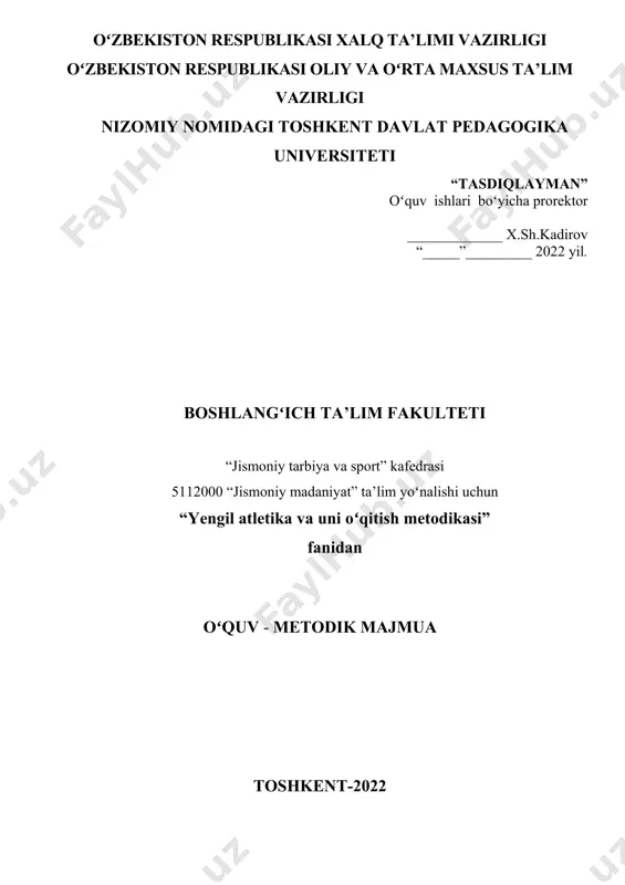 oʻqitilishi, uning boshqa fanlar bilan aloqadorligi. oʻrta umumta’lim maktablari hamda oʻrta mahsus ta’lim muassasalari uchun moʻljallangan yengil atletika va uni oʻqitish mertodikasi fani oʻquv dasturi va darsliklarning mazmuni hamda tuzilishining tahlili. 2 yengil atletika va uni oʻqitish metodikasi fanining umumnazariy asoslari yengil atletika va uni oʻqitish metodikasining predmeti va tadqiqot metodlari. yengil atletika va uni oʻqitishda qoʻllaniladigan didaktik prinsplar. yengil atletika va uni oʻqitishda empirik va nazariy metodlar. yengil atletika va uni oʻqitish metodlari va ularni sinflarga ajratish. yengil atletika va uni oʻqitish prinsplari. yengil atletika va uni oʻqitish texnologiyasi. yengil atletikada muammoli oʻqitish. yengil atletika va uni oʻqitishning vositalari va shakillari. 3 4 5 mustaqil ta’lim 1 2 3 4 5 foydalanilgan adabiyotlar roʻyhati glossariy ilovalar modul / fan sillabusi 5112000 jismoniy madaniyat fan/modul: yengil atletika va uni o'qitish metodikasi fan/modul turi: umumkasbiy fanlar fan/modul kodi: yeaoʻm10012 yil: 2022-2023 kursga ajratilgan semestr: 5-6 ta’lim shakli: kunduzgi mashg‘ulotlar shakli va …