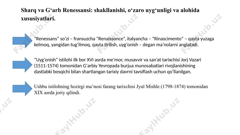 fitrat, ibrat domla, abdulhamid cho‘lpon, abdulla qodiriy, usmon nosir, ashurali zohiriy, hoji muin va boshqa yana yuzlab ulug‘ insonlar milliy uyg‘onish va millatparvarlik harakatining oldingi saflarida turgan. ular yangi usul maktablari bilan bir qatorda, odamlarning dunyoqarashi va turmush tarzini o‘zgartirishga qaratilgan gazeta-jurnallar, nashriyot va kutubxonalar, teatrlar tashkil etganlar. o‘zbekiston prezidenti shavkat mirziyoyevning 2021-yil 16-avgustda “yangi o‘zbekiston” gazetasiga bergan intervyusida uchinchi renessans va yangi o‘zbekiston konsepsiyalari nimani anglatishi masalasi ilgaril surilgan edi. “biz keng ko‘lamli demokratik o‘zgarishlar, jumladan, ta’lim islohotlari orqali o‘zbekistonda yangi uyg‘onish davri, ya’ni uchinchi renessans poydevorini yaratishni o‘zimizga asosiy maqsad qilib belgiladik. bu haqda gapirar ekanmiz, avvalo, uchinchi renessansning mazmun-mohiyatini har birimiz, butun jamiyatimiz chuqur anglab olishi kerak. tarixga nazar solsak, buyuk ipak yo‘lining chorrahasida joylashgan ona zaminimiz azaldan yuksak sivilizatsiya va madaniyat o‘choqlaridan biri bo’lganini ko‘ramiz. xalqimizning boy ilmiy-madaniy merosi, toshga muhrlangan qadimiy yozuvlar, bebaho me’moriy obidalar, nodir qo‘lyozmalar, turli osori atiqalar davlatchilik tariximizning uch ming yillik …