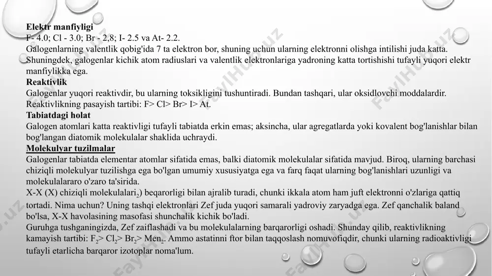 arga bog'laydigan halogen atomlari ularni ko'proq lipofil qiladi. bu dori-darmonlarni hujayra membranalarini osonlikcha kesib o'tish, uni tashkil etuvchi lipidlarda eritish imkonini beradi. -xlor markaziy asab tizimining neyronlariga gaba nörotransmitteri retseptorlari bilan bog'langan ion kanallari orqali tarqaladi va shu bilan sedativ effekt hosil qiladi. bu bir nechta anksiyolitiklarning ta'sir qilish mexanizmi. -hcl oshqozonda mavjud bo'lib, u oziq-ovqat mahsulotlarini qayta ishlashga yordam beradigan kamaytiruvchi muhit yaratib aralashadi. bundan tashqari, hcl proteinlar gidrolizini boshlaydigan ferment bo'lgan pepsinni faollashtiradi, bu protein moddasining ichakka singib ketishidan oldingi bosqich. boshqalar -gidroklorik kislota (hcl) hammomlarni tozalashda, o'quv va ilmiy laboratoriyalarda va ko'plab sohalarda qo'llaniladi. -pvc (polivinilxlorid) - bu kiyim-kechak, pol plitkalari, elektr kabellari, egiluvchan quvurlar, quvurlar, shishiriladigan inshootlar va tom plitkalarida ishlatiladigan vinil xlorid polimer. bundan tashqari, xlor boshqa plastik materiallarni ishlab chiqarishda oraliq vosita sifatida ishlatiladi. -xlor bromni ajratib olishda ishlatiladi. -metilxlorid behushlik funktsiyasini bajaradi. bundan tashqari, u ma'lum silikon polimerlarni ishlab chiqarishda va yog'lar, yog'lar …