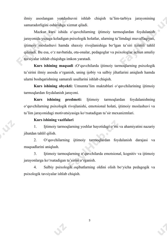 lanishning o‘quvchilarning psixologik rivojlanishi, emotsional holati, ijtimoiy moslashuvi va ta’lim jarayonidagi motivatsiyasiga ko‘rsatadigan ta’sir mexanizmlari. kurs ishining vazifalari 1. ijtimoiy tarmoqlarning yoshlar hayotidagi o‘rni va ahamiyatini nazariy jihatdan tahlil qilish. 2. o‘quvchilarning ijtimoiy tarmoqlardan foydalanish darajasi va maqsadlarini aniqlash. 3. ijtimoiy tarmoqlarning o‘quvchilarda emotsional, kognitiv va ijtimoiy jarayonlarga ko‘rsatadigan ta’sirini o‘rganish. 4. salbiy psixologik oqibatlarning oldini olish bo‘yicha pedagogik va psixologik tavsiyalar ishlab chiqish. i bob. ijtimoiy tarmoqlarning o‘quvchilar psixologiyasiga ta’sirining nazariy asoslari 1.1. ijtimoiy tarmoqlarning paydo bo‘lishi, rivojlanishi va ularning o‘quvchilar hayotidagi o‘rni 21-asrda kompyuter texnologiyalarining rivojlanishi tufayli axborot jamiyati haqiqatga aylandi: jamiyat har xil turdagi ma'lumotlarga ega bo'ldi va ularga real vaqt rejimida kirish imkoniyatiga ega bo'ldi. axborotdan foydalanish qoidalarini bilish, kerakli manbalarni izlash va tanlashda ma'lum madaniyatga ega bo'lish, axborotdan foydalana olish yoki sifat jihatidan yangi axborotni yaratish muhimdir. ta'limni axborotlashtirish jamiyat hayotining boshqa sohalarini axborotlashtirishdan oldinda bo'lishi kerak, chunki bu sohada butun jamiyatni axborotlashtirish uchun ijtimoiy, …