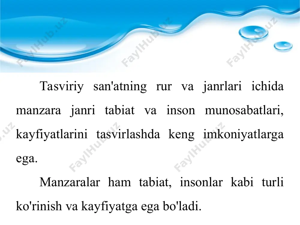 ahor faslini bibixonim maydonidagi tarovatini tasvirlash. shu bois rassom asar markazida me'moriy obidaning mahobatiga monand tarzda salobatli daraxtlarning gullagan holatini tasvirlagan. bu bilan rassom yana bir tarixiy haqiqatni eslatib qo'ymoqchi bo'ladi, ya'ni bibixonimga har yili bahor kelaveradi, yillar ketidan yillar o'taveradi. ajdodlarimiz yaratgan buyuk tarixiy me'moriy obidalar esa asrlar osha salobat to'kib turaveradi. me'moriy obida va daraxtlarning mahobatini yanada yaqqolroq tasvirlash uchun rassom odamlarning figuralaridan foydalangan. odamlarning gavdasiga nisbatan olinadigan bo'lsa, bibixonimning o'ta mahobatli ekanligi ayon bo'ladi. rassom odamlarni tasvirlash orqali obidani ziyorat qilish uchun dunyoning turli burchaklaridan muntazam tarzda odamlar kelib turishini ta'kidlaydi. biz siz bilan rashid temurovning "bibixonimda bahor" nomli asari misolida me'moriy manzara ko'rinishining kompozitsion yechimini ko'rdik. endi o'zingiz ko'rgan va eslab qolgan me'moriy manzaralarning turli ko'rinishlari haqida o'ylab ko'ring. amaliy mashg'ulotga kirishish oldidan o'z variantlaringizning eskizlarini ishlab oling. bu eskiz shahar yoki qishloq manzarasi, qadimiy yoki zamonaviy shahar, ulaming sintezi ko'rimshida bo'lishi mumkin. quyoshning botish chog'idagi …