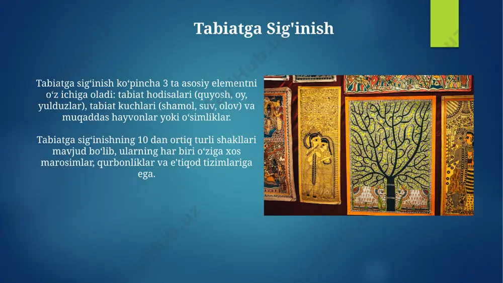 lar ruhiy dunyo bilan aloqa qilish va kasalliklarni davolash kabi 3-5 ta asosiy vazifani bajaradilar. dastlabki dinlarni o'rganish usullari antropologik tadqiqotlar, turli xalqlarning diniy amaliyotlarini taqqoslash orqali, 10 ga yaqin umumiy xususiyatlarni aniqlash va dastlabki dinlarning evolyutsiyasi haqida xulosa chiqarish imkonini beradi. dastlabki dinlarni o'rganishda arxeologik qazishmalar natijasida topilgan 3000 dan ortiq artefaktlar, shu jumladan, haykalchalar va tosh rasmlari tahlili muhim ahamiyatga ega. e'tiboringiz uchun rahmat @taqdimot_robot image6.jpg image7.jpg image8.jpg image9.jpg image10.jpg image11.jpg image12.jpg image13.jpg image14.jpg image15.jpg image16.jpg image17.jpg image18.jpg image19.jpg image20.jpg image21.jpg image22.jpg image2.png image3.png image4.png image5.png