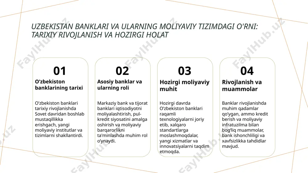 viy barqarorlikdagi roli iqtisodiy rivojlanishdagi roli banklar iqtisodiyotga kapital va kreditlar orqali investitsiyalarni jalb qilishda muhim rol o'ynaydi, yangi ish o'rinlari va ishlab chiqarishni rivojlantiradi. moliyaviy barqarorlik banklar moliyaviy tizimni mustahkamlash, risklarni boshqarish va inflyatsiyani nazorat qilish bilan davlat iqtisodiy barqarorligini ta'minlaydi. rivojlanish uchun imkoniyatlar banklar innovatsion moliyaviy xizmatlar va kredit siyosati orqali iqtisodiy o'sishni qo'llab-quvvatlab, yangi texnologiyalar va sektorlarni rivojlantiradi. o'zbekiston banklarining kreditlar berish jarayoni va iqtisodiy ta'siri 1 kredit berish jarayoni o'zbekiston banklari kredit berish uchun mijozlarning moliyaviy holati, loyihalar va to'lov qobiliyatini baholaydi, shuningdek, kredit shartlarini belgilaydi. 2 kredit turlari banklar turli xil kreditlarni taklif qiladi: iste'mol, biznes, investitsiya va ipoteka kreditlari, bu esa iqtisodiy faoliyatni kengaytirishga yordam beradi. 3 iqtisodiy ta'sir kreditlar iqtisodiy o'sishni rag'batlantiradi, yangi ish o'rinlari ochadi va ishlab chiqarishni kengaytiradi, shuningdek, aholi va korxonalarning moliyaviy imkoniyatlarini oshiradi. 4 rivojlanish muammolari kredit berish jarayonida risklar, qarz qopqonlari va moliyaviy muvofiqlik muhim bo'lib, banklar ehtiyotkorlik …