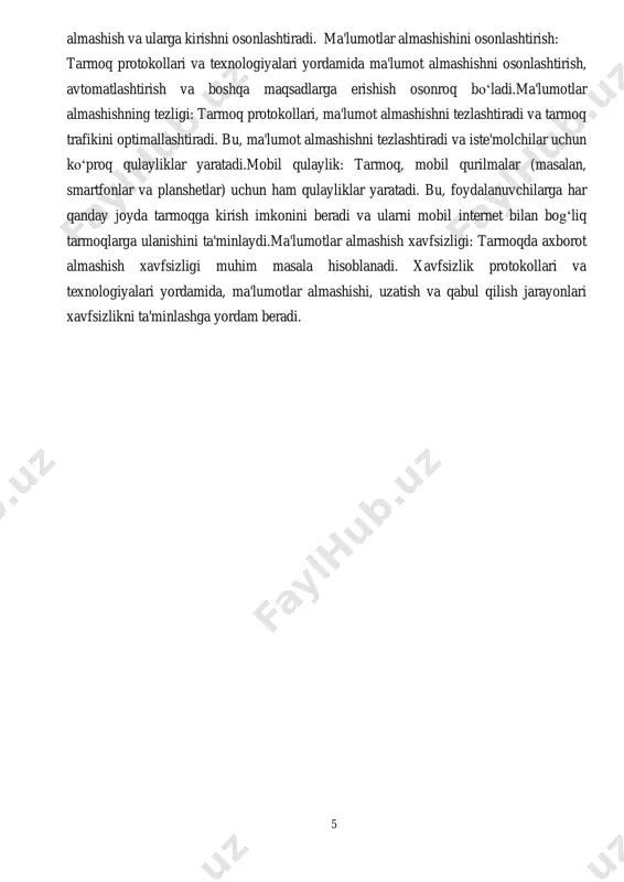 bu, bir nechta tizim va xizmatlar o‘rtasida integratsiya qilishni osonlashtiradi va bir-biriga bog‘liqlikni oshiradi.ko‘p xizmatni taqdim etish: tarmoqda axborot almashish, ko‘p xizmatlarni bir-biriga bog‘lab, ularni birlashtirish va o‘zaro amalda bulishini ta'minlaydi. bu, tizimlarning funktsional sohalarini kengaytiradi va yangi imkoniyatlarni yaratadi.tezlik va samarali amal: axborot almashish, ma'lumot almashish jarayonlarini avtomatlashtiradi va tizimlarning ishlash tezligini oshiradi. bu, ma'lumot almashishini optimallashtiradi va tezlikni ta'minlaydi.ma'lumot oqimini kattalashtirish: tarmoqda axborot almashish, ma'lumot oqimini kattalashtiradi va tizimlarning o‘rtasida ma'lumot almashishini kuchaytiradi. ma'lumot oqimini kattalashtirish, tarmoqda axborot almashishning bir qismini ifodalaydi. bu, ma'lumotlar oqimini (bandwidth) oshirish va ma'lumotlarni tezlik bilan almashishni ta'minlashni anglatadi. ma'lumot oqimini kattalashtirishning muhim masalalari quyidagilardir: tarmoq boshqaruv tizimlari: tarmoq boshqaruv tizimlari, ma'lumot oqimini kattalashtirishda katta ahamiyatga ega. bunday tizimlar, tarmoq trafikini boshqarish va optimallashtirish uchun kerakli funksiyalarni ta'minlashda yordam beradi. masalan, tarmoqda trafikni qayta ishlovchi va bant ichidagi qatori boshqaruv tizimlari yordamida ma'lumotlar oqimini kattalashtirish mumkin. qo‘llaniladigan protokollar va texnologiyalar: ba'zi protokollar va …