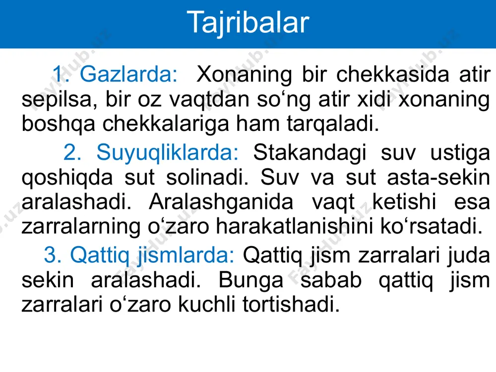ma’lum bo‘lganda, holat tenglamasi noma’lum parametrni aniqlashga imkon beradi. izojarayonlar berilgan gazning bitta parametri o‘zgarmas bo‘lganda qolganlari orasidagi bog‘lanishini tavsiflaydigan jarayon izojarayon deb ataladi. izojarayonlar izotermik izobarik izoxorik izotermik jarayon m=const va t=const va pv= const izotermik jarayon 1662-yil r.boyl va 1676-yil e.mariott tomonidan kashf etilgan. shuning uchun boyl- mariott qonuni deyiladi. izotermik jarayon t=const pv=const temperatura o‘zgarmas bo‘lganda gaz bosimining hajmga bog‘lanish chizig‘i (giperbola) izoterma chizig‘i deyiladi. p o‘zgarmas temperaturada berilgan gazning bosimi hajmiga teskari proporsional ravishda o‘zgaradi. va bu ifodalarni bir-biriga nisbatini olsak, quyidagi ifoda hosil bo‘ladi: izobarik jarayon ideal gazning massasi (m=const) va bosimi (p=const) o‘zgarmas bo‘lgandagi gaz holatining o‘zgarish jarayoniga izobarik jarayon deyiladi. grekcha “baros” bosim degan ma’noni anglatadi. izobarik jarayonda o‘zgarmas massali gazning hajmi (v) temperaturasi (t) ga bog‘liq ravishda o‘zgaradi. izobarik jarayon const = bu tenglamalarni hadma-had bo‘lib, quyidagini hosil qilamiz: yoki const , gey-lyussak qonuni (1802-yil) izobarik jarayon grafigi const izobarik jarayonda berilgan …