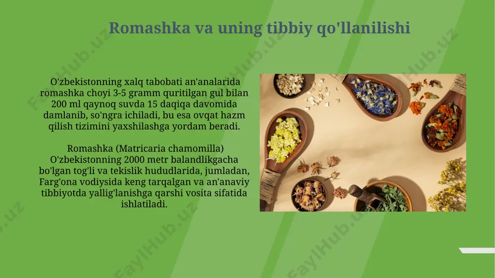 va uning foydali tomonlari anjir uzbekistanning janubiy hududlarida, xususan, samarqand va buxoro viloyatlarida keng tarqalgan bo'lib, 20 dan ortiq navlari mavjud. anjir tarkibidagi tolalar tufayli hazm tizimini yaxshilaydi va 500 gramm anjir iste’mol qilish bilan kunlik tola ehtiyojining 20% ni qoplash mumkin. uzum va uning shifobaxsh xususiyatlari uzbekistanning janubiy hududlarida yetishtiriladigan uzum navlarining 150 dan ortiq turi, yuqori miqdorda antioksidant va vitaminlarga boyligi bilan ajralib turadi. uzum sharbati, fergana vodiysida keng tarqalgan usul bilan tayyorlanganda, qon bosimini tartibga solish va yurak-qon tomir kasalliklarining oldini olishda samarali bo‘ladi. qo'rqoq va uning tibbiy qo'llanilishi qo'rqoq (papaver somniferum) o'simligining 10 dan ortiq alkaloidlarini o'z ichiga olganligi va shu sababli o'zbekistonning janubiy hududlarida, xususan, surxondaryo viloyatida keng tarqalganligi ma'lum. o'zbekiston farmatsevtika sanoatida qo'rqoqdan olingan ekstraktlar asosan 5-10 mg dozada uyqusizlik va asab kasalliklarini davolashda qo'llaniladi, ammo uni faqat shifokor nazorati ostida qabul qilish kerak. o'rik va uning tibbiy qo'llanilishi o'rik yadrosi tarkibidagi amigdalin moddasi, …