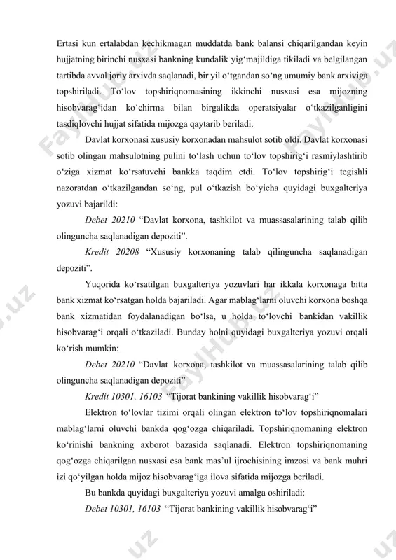 ilinguncha saqlanadigan depoziti”. ushbu buxgalteriya yozuvi yordamida to‘lovchi korxona bankidan markaziy bank orqali kelib tushgan pul mablag‘lari mablag‘ oluvchi korxona bankida mablag‘ oluvchining hisobvarag‘iga o‘tkaziladi. 3. to’lov talabnomalari bo’yicha hisob-kitoblar ularning rasmiylashtirilishi va hisobi. to‘lov talabnomasi – bu mahsulot yetkazib beruvchi va mablag‘ oluvchilarning belgilangan summani to‘lovchi bank orqali to‘lashi to‘g‘risidagi talabnomani o‘z ichiga olgan hisob-kitob hujjatidir. hisob-kitoblarning to‘lov talabnomalari orqali o‘tkaziladigan shaklida ishlatiladigan asosiy hujjat bu – to‘lov talabnomasidir. to‘lov talabnomalari mahsulot yetkazib beruvchi tomonidan belgilangan № 0505411001 shakldagi blankalarda bankka taqdim etiladi. to‘lov talabnomalari quyidagi hollarda ishlatilishi mumkin: · yuklab jo‘natilgan tovarlar uchun; · bajarilgan ishlar uchun; · ko‘rsatilgan xizmatlar uchun; · amaldagi qonunchilikda, me’yoriy hujjatlar yoki shartnomada ko‘zda tutilgan boshqa to‘lovlar uchun. to‘lov talabnomasida mahsulot yetkazib beruvchi tomonidan talabnoma nomeri, uni to‘ldirilgan sana, shu korxona nomi, uning hisobvaraq nomeri, xizmat ko‘rsatuvchi bank nomi, bankining kodi, to‘lovchi korxonaning nomi, uning bankdagi hisobvaraq nomeri, to‘lovchiga xizmat ko‘rsatuvchi bank nomi …