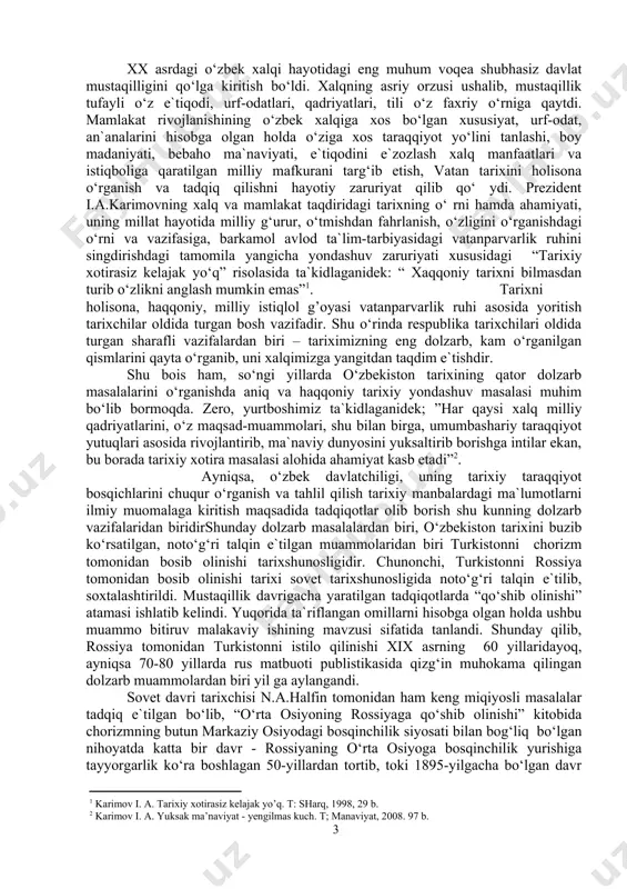 iruv malakaviy ishining mavzusi sifatida tanlandi. shunday qilib, rossiya tomonidan turkistonni istilo qilinishi xix asrning 60 yillaridayoq, ayniqsa 70-80 yillarda rus matbuoti publistikasida qizg‘in muhokama qilingan dolzarb muammolardan biri yil ga aylangandi. [1: karimov i. a. tarixiy xotirasiz kelajak yo’q. t: sharq, 1998, 29 b. ] [2: karimov i. a. yuksak ma’naviyat - yengilmas kuch. t; manaviyat, 2008. 97 b.] sovet davri tarixchisi n.a.halfin tomonidan ham keng miqiyosli masalalar tadqiq e`tilgan bo‘lib, “o‘rta osiyoning rossiyaga qo‘shib olinishi” kitobida chorizmning butun markaziy osiyodagi bosqinchilik siyosati bilan bog‘liq bo‘lgan nihoyatda katta bir davr - rossiyaning o‘rta osiyoga bosqinchilik yurishiga tayyorgarlik ko‘ra boshlagan 50-yillardan tortib, toki 1895-yilgacha bo‘lgan davr tadqiq e`tilgan. bu davrda “bosib olindi”, “milliy zulm”, “mustamlakachilik” va boshqa shu kabi tushunchalar, baholar “qo‘shildi”, “qo‘shib olindi”, “qo‘shilishning progressiv oqibatlari” iboralari bilan almashtirildi. turkiston chor rossiyasi tomonidan bosib olingandan keyin bu erda siyosiy mustaqillik tobora yukolib bordi. bu erda chorizmning manfaatini ko’zlovchi boshqaruv …