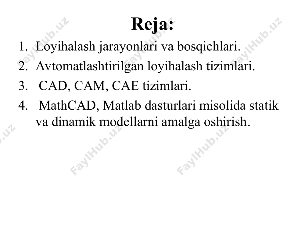 chambarchas muloqotida amalga oshadi. loyihalashni avtomatlashtirish hisoblash texnikasi vositalaridan muntazam ravishda foydalanishni nazarda tutadi; bunda loyihalovchi va ehm orasidagi funksiyalarni ratsional taqsimlash va masalalarni mashinada yechish metodlarini asosli tanlash lozim. texnik tizimlarni loyihalash: texnik loyihalash (texnik qurilma va jixoz); elektrotexnik loyihalash(elektrotexnika va elektr ta’minot); muxandislik tizimlarini loyihalash (shamollatish, gaz uzatkich, elektr tarmoqlari, elektr tarmoqlar, infratuzilmalar); qurilishda loyihalash arxitektura-qurilish loyihalari (bino va boshqa yer ustidagi ob’ektlar); sanoat ob’ektlarini loyihalash; transport va transport infra tuzilmalari (yo’llar, ko’piriklar va boshqalar); dizayin loyihalash dizayin inter’er; sanoat dizayin; landshaft dizayin; dasturiy ta’minot loyihasi; cad/cam/cae- tехnоlоgiyalаri loyihalshning аvtоmаtlаshtirish (cad) konstruktsiyalarni avtomatlashtirish vositalariga (cae) ishlаb chiqаrishni аvtоmаtlаshtirish (cam) computer aided dezing-cad kompyuter yordamida loyihalash computer aided engenering-cae avtomatlashgan muhandislik hisobi va tahlili tizimlari, muhandislik ta’minot computer aided manufacturing-cam dastgohlar uchun detallarga ishlov berish dasturini ishlab chiqishning avtomatlashgan tizimi хаlqаrо rаqоbаt shаrоitidа zаmоnаviy kоrхоnаlаr qisqа muddаtdа, аrzоn nаrхdа o’tа sifаtli yangi mаhsulоt ishlаb chiqаrishni yo’lgа qo’ymаsа, yashаb qоlishi …
