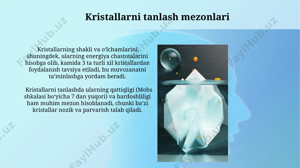 ali inson tanasidagi energiya oqimini muvozanatlash mumkin. geometrik shakllarga ega bo'lgan 3 dan ortiq kristallarning birgalikdagi ta'siri, xonaning energiya maydonini sezilarli darajada o'zgartirishi mumkin, bu esa meditativ holatlarga yordam beradi. kristallarning optik xossalari ba'zi kristallar, masalan, kvarts, ayrim to'lqin uzunliklaridagi yorug'likni 90° ga aylantirib, optik faollik xususiyatini namoyon qiladi. bunday hodisa o'zgaruvchan magnit maydonining ta'siri bilan bog'liq bo'lishi mumkin. kristallar turli yo'nalishlarda yorug'likni har xil sindirish qobiliyatiga ega bo'lib, ikki qirrali sindirish koeffitsiyenti 1,5 dan 2,5 gacha o'zgarib turadi. kristallarning magnit xossalari ayrim kristallar, masalan, turmalin, 2-3 sm masofada kuchli magnit maydon hosil qilib, atrofdagi salbiy energiyani neytrallashtirishi mumkin. kristallarni magnit maydonlari ta'siriga qarab joylashtirish, ularning energiya oqimini 15-20 daraja burchak ostida yo'naltirish samaradorligini oshiradi, bu esa muvozanatni yaxshilaydi. kristallarning sintezi kristallarning sintezi jarayonida, 1000°c dan yuqori haroratlarda, yuqori bosim ostida, go'shtli o'sish tezligi 5 mm/soatgacha yetishi mumkin. flux usulida, kristallarning o'sishi tezligi haroratga va kimyoviy tarkibga bog'liq bo'lib, taxminan …