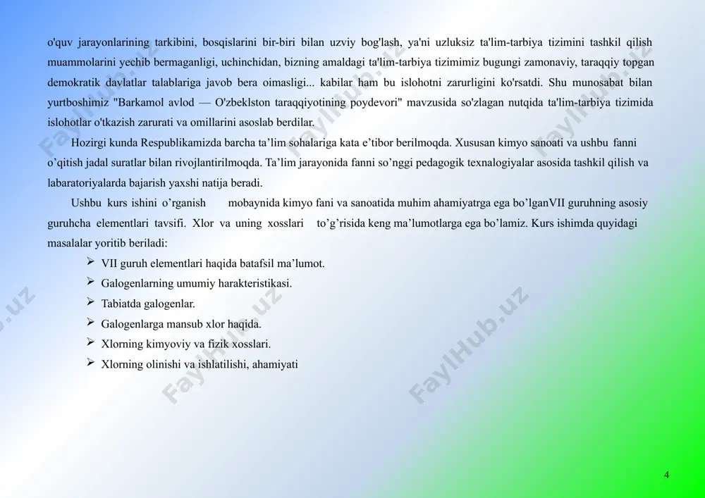 sxema bilan ifodalash mumkin: ftor eng elektrmanfiy element bo‘lganligi sababli bitta elektronni 2p - pog‘onachasiga biriktirib olishi mumkin, xolos. uning bitta juftlashmagan elektroni bor, shu sababli ftor faqat bir valentli, uning oksidlanish darajasi esa –1 bo‘ladi. xlor atomining elektron tuzilishi ushbu sxema bilan ifodalanadi: 6 xlor atomining 3p -pog‘onachasida bitta juftlashmagan elektroni bor va odatdagi (qo‘zg‘almagan) holatda xlor bir valentli bo‘ladi. lekin xlor iii davrda joylashganligi sababli uning 3d -pog‘onachasida yana beshta bo‘sh orbital bor va ularga qo‘zg‘algan elektronlar joylashishi mumkin. xlor atomining qo‘zg‘algan holatida elektronlar 3p - va 3s - pog‘onachalaridan 3d-pog‘onachaga o‘tadi (sxemada strelkalar bilan ko‘rsatilgan). bitta orbitalda turgan elektronlarning bir-biridan ajralishi (toqlashishi) valentlikni ikki birlikka oshiradi. ravshanki, xlor va uning analoglari (ftordan tashqari) faqat toq o‘zgaruvchan valentlik, 1, 3, 5, 7 va shularga muvofiq keladigan musbat oksidlanish darajalarini namoyon qilishi mumkin. ftorda erkin d-orbitallar yo‘q, demak, kimyoviy reaksiyalarda uning atomida juftlashgan elektronlarning ajralishi sodir bo‘lmaydi (ftor atomining …