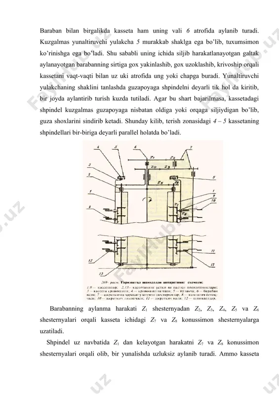 xtani ajratkich 10 yordamida yechib olishni yengillashtirish uchun birinchidan, ajratish zonasida shpindel tezligi bir oz kamaytiriladi, ikkinchidan, yulakcha yordamida kassetaning qisman burilishi xisobiga shpindel ajratkich likopchalariga uzokrok tegib turadi. ajratkich valiga rezinadan yasalgan burtikli likopchalar 10 kiydirilgan bo’lib, ular kassetadagi shpindellar soniga teng bo’ladi. tik o’rnatilgan val 11 atrofida aylanayotgan likopchalar shpindel ishchi uzunligini to’liq tozalashi uchun kassetaga shpindel shunday joylashtiriladiki, uning konussimon sirtining ustki yasovchisi gorizontal holatda bo’ladi. shpindelning simmetriya uki kasseta ukiga perpendikulyar bo’lmaydi (270- rasm). shpindellarning kassetaga bunday joylashtirilishi maxsus yumshok rezinadan yasalgan namlagich yostikchasining ustiga ularning to’liq tegib turishiga imkon beradi va shpindel sirti yaxshi yuvilib, tozalanib, chirklanmaydi. namlagich yostikchalariga naychalar orqali maxsus suyuklik uzluksiz kelib, doimo ularning nam holatini ta`minlab turadi. bu suyuklik shpindelning uta sillik va xromlangan sirtida tomchilar ko’rinishida emas, balki yupka parda ko’rinishda koplab turish xususiyatiga ega. shu sababli shpindel sirtini doimo to’liq tozalash imkoniyati tugiladi. shpindel sirtining ochilgan chanokka tegish extimolini …