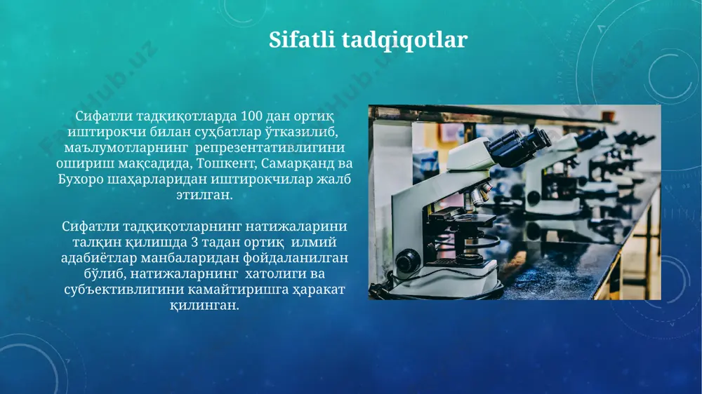 h pedagogikasi tadqiqotlarida 2020-2023 yillar davomida o’tkazilgan 5 dan ortiq xalqaro simpoziumlar natijalari, evropa va osiyo mintaqalaridagi ta’lim tizimlarini taqqoslashda muhim rol o’ynadi. taqqoslash pedagogikasi tadqiqotlarining asosiy usullari sifatli tadqiqotlarda, masalan, 20 nafar o'qituvchining dars berish uslublari va 10 ta turli o'quv dasturi samarqanddagi 2 ta maktabda chuqur tahlil qilingan. taqqoslash pedagogikasi tadqiqotlarida 50 dan ortiq maktab va 3 ta mintaqa (toshkent, samarqand, buxoro) o'quvchilarining o'zlashtirish ko'rsatkichlarini solishtirish orqali keng miqyosli kvantitativ tadqiqotlar o'tkazilgan. taqqoslash pedagogikasi tadqiqotlarining natijalari taqqoslash pedagogikasi tadqiqotlari natijalari o'zbekiston va qozog'iston maktablarida o'tkazilgan 5 ta eksperiment natijalarini 2023-yilgi hisobotda aks ettiradi, bu erda o'quv samaradorligini 15% ga oshirish kuzatildi. samarqanddagi pedagogika instituti tomonidan olib borilgan tadqiqot, 2018-2021 yillar oralig'ida, 3 ta turli o'quv dasturi bo'yicha 500 nafar talabaning yutuqlarini tahlil qilib, o'zgartirilgan dasturning 10 ball shkalasi bo'yicha 2 ballga yuqori natija berganligini ko'rsatdi. kelajakdagi tadqiqotlar yo'nalishlari kelajakdagi tadqiqotlar 50 ga yaqin mamlakatlar, jumladan, o'zbekiston, xitoy va …