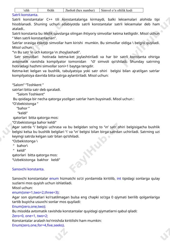 i. masalan : 66. .0 .12 3.14f 1.12e-12 ma’lumolarning uzun haqiqiy son turi : ohiriga l eki l suffikslari quyjilgan haqiqiy son. masalan: 2e+6l; 3. simvolli konstanta. bittalik qavslarga olingan bitta yoki ikkita simvol. misol uchun ‘x’,’*’,’\012’,’\0’,’\n’- bitta simvolli konstanta; ‘dd’,’\n\t’,’\x07\x07’ ikki simvolli konstantalar. ‘\’ simvolidan boshlangan simvollar eskeyp simvollar deyjiladi.simvolli konstanta qiymati simvolning kompyuterda qabul qilingan sonli kodiga tengdir. esc (eskeyp) simvollar jadvali: yozilishi ichki kodi simvoli (nomi) ma’nosi \a 0x07 bel (audible bell) tovush signali \b 0x08 bs (bascspase) bir qadam qaytish \f 0x0c ff (form feed) sahifani qaytarish \n 0x0a lf (line feed) qatorni o’tkazish \r 0x0d cr (carriage return) karetkani qaytarish \t 0x09 ht (horizontal tab) gorizontal tabulyatsi \v 0x0b vt (vertical tab) vertikal tabulyatsi \\ 0x5c \ (bacslash) teskari chiziq \’ 0x27 ‘ (single out) apostrif (oddiy qavs) \” 0x22 “ (double quote) ikkilik qavs \? 0x3f ? (question mark) savol belgisi \000 000 любой …