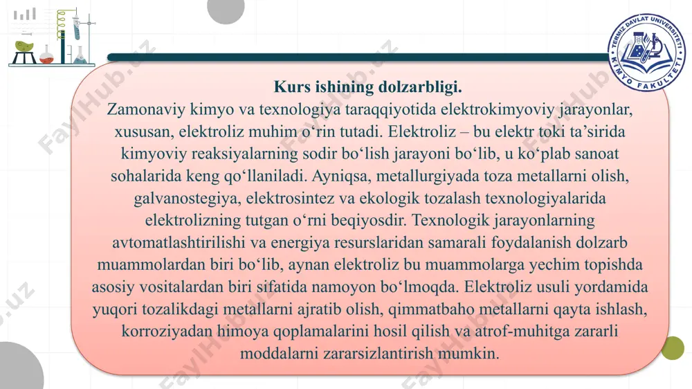 nbai, 2-kulonometr, 3-ampermetr, 4-reostat, 5-kalit. elektrod jarayon ajraladigan modda anod cu2++2e-=cu mis (cu) qattiq holatda katod oksidlanish(inert elektrodda suvdan o2 mis elektrodda esa cu2+) kislorod yoki erigan mis ionlari tajribada olingan qiymatlar 1-tajriba 2-tajriba 3-tajriba tok kuchi ii (a) 0.20 0.20 0.20 elektroliz vaqti tt (sek) 900 900 900 tajribadan oldingi katod massasi (g) 12.000 12.365 12.730 tajribadan keyingi katod massasi (g) 12.365 12.730 13.095 ajralgan mis massasi mm (g) 0.365 0.365 0.365 e’tiboringiz uchun rahmat! image1.jpeg image2.png image3.jpeg image4.png image5.png image6.png image7.jpeg image8.png image9.jpeg