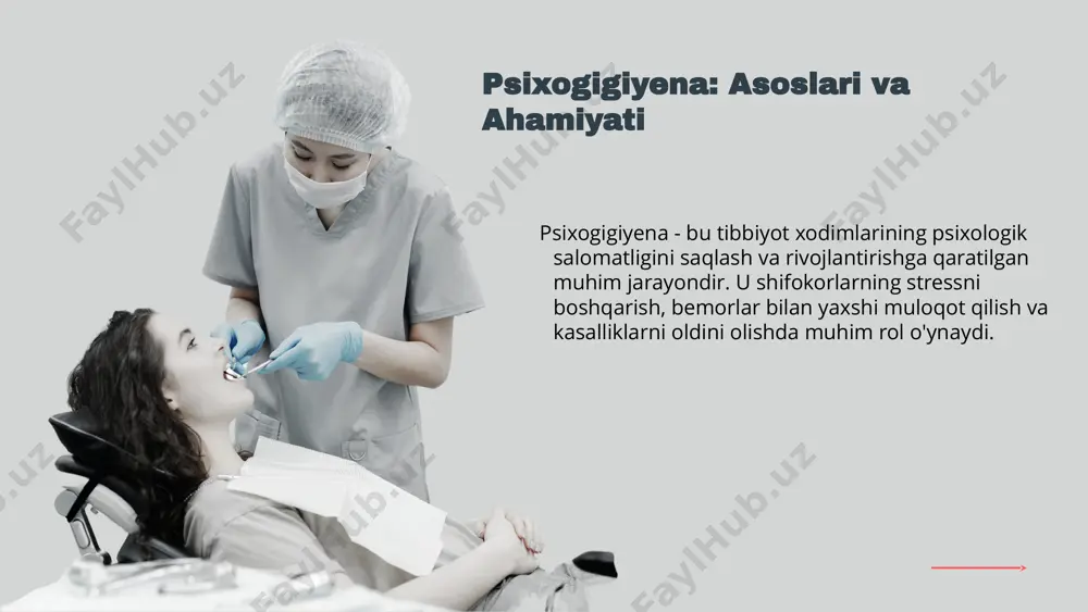 lash imkoniyatiga ega bo'lishadi. shu tariqa, zamonaviy tendensiyalar psixologik xizmatlar va terapevtik usullarni yanada rivojlantirishga yordam beradi. photo by getty images on unsplash psixogigiyenada rivojlanish yo'nalishlari zamonaviy yondashuvlar zamonaviy psixogigiyena yondashuvlari stressni kamaytirish va ijtimoiy qo'llab-quvvatlashni kuchaytirishga qaratilgan. bu yondashuvlar tibbiyot xodimlarining psixologik salomatligini yanada yaxshilashga yordam beradi. yangi metodlar yangi psixogigiyena metodlarining amalga oshirilishi ko'pincha mutaxassislar va resurslarning yetishmasligi bilan bog'liq. bu esa metodlarning samaradorligini pasaytirishi mumkin. psixologik salomatlikni oshirish innovatsion dasturlar va treninglar orqali psixologik salomatlikni oshirish imkoniyatlari ko'plab mavjud. maxsus moslashtirilgan kurslar tibbiyot xodimlari uchun taqdim etilishi mumkin. xavf tug'diruvchi omillar ish joyidagi stress, yuqori ish yuklamasi va psixologik travmalar psixologik salomatlikka xavf tug'diruvchi omillar hisoblanadi. bu omillar salbiy ta'sir ko'rsatishi mumkin. s 0 w t tibbiyot xodimlari uchun psixogigiyena, ularning professional faoliyatida psixologik salomatlikni saqlash va stressni boshqarish uchun muhim ahamiyatga ega. psixogigiyena, xodimlarning ruhiy holatini yaxshilash, ish joyida stressni kamaytirish va samarali bemor parvarishini ta'minlashga …