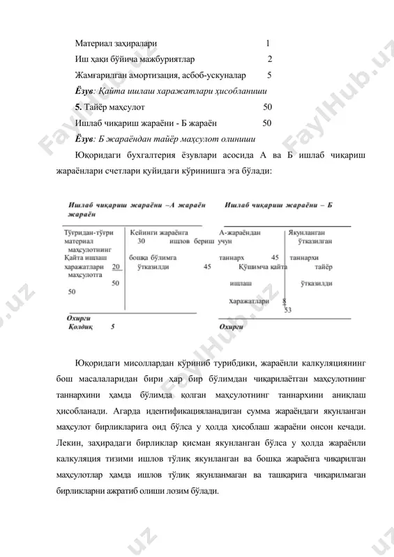 шлаб чиқариш жараёни счети маълумотлари бўйича аниқлаш. · тўртинчи босқич: эквивалент бирлик таннархини ҳисоблаш. · бешинчи босқич: таннархни тўлиқ якунланган бирликлар ҳамда ишлаб чиқариш жараёни охиридаги бирликларга тақсимлаш. биринчи ва иккинчи босқичлардаги амалга ошириладиган жараёнлар жадвалда келтирилган. жадвал бирликларнинг жисмоний миқдори ва эквивалент бирлик ҳисоби маҳсулот оқими 1-босқич. жисмоний бирликлар 2-босқич. эквивалент бирлик тўғридан-тўғри материал қайта ишлаш харажатлари бошланган ва якунланган 20,000 20,000 20,000 ишлаб чиқариш жараёни, охирида 5,000 (25%)* 5,000 1,250** ҳисоблаш учун асос бўладиган бирликлар 25,000 25,000 21,250 *бу ишлаб чиқариш жараёни охирида мавжуд бўлган бирликларга ишлов берилганлик даражасини тавсифлайди. ** 5,000 жисмоний бирлик х 25% қайта ишлаш харажатларининг амалга оширилган қисми. бирликларнинг жисмоний ва эквивалент бирликлари ушбу жадвалда биринчи босқичида маҳсулотлар жисмоний бирликлари ҳаракати кўрсатилди. апрел ойида ишлаб чиқарилган маҳсулот бирлиги қанчага тенг? 25,000 бирлик бўлмайди. чунки, 20,000 бирлик тўлиқ якунланган ва бошқа жараёнга ўтказилган, 5,000 бирлик эса қисман якунланган. қисман якунланган бирликларни тўлиқ якунланган бирликларга тенглаштириб …