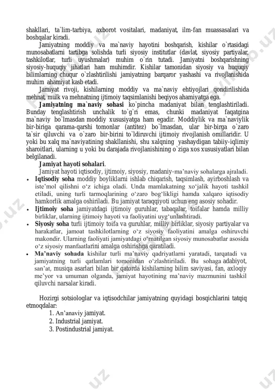 adolat mezonlarining buzilishida, davlat idoralarining aholini boshqarish qobiliyati kuchsizlanishida, turli ziddiyatlarning keskinlashuvida o`z ifodasini topadi. jahon tajribasi har bir mamlakat va xalqning o`z taraqqiyot yo`lini tanlash huquqiga ega bo`lishi umumiy xavfsizlik va ijtimoiy barqarorlikni ta`minlash garovi ekanini ko`rsatdi. o`zbekiston milliy mustaqillikka erishganidan keyin o`z milliy davlatchilik asoslarini mustahkamlash, o`ziga xos va mos taraqqiyot yo`lini tanlash, rivojlanishning o`zbek modelini yaratish imkoniga ega bo`ldi. jamiyat va oila. jamiyat va oila mohiyatan bir-biri bilan uzviy bog`liq. oilada jamiyatning tub mohiyati o`z aksini topadi. shu ma`noda, oilani kichik jamiyat deyish mumkin. har bir jamiyat a`zosi oila bag`rida voyaga yetadi, ijtimoiy munosabatlarni o`zlashtiradi va insoniy fazilatlarni namoyon etadi. barkamol insonni shakllantirish, uni hayotga, mehnatga tayyorlash oilaning muqaddas vazifasidir. oilani mustahkamlash jamiyat barqarorligi va qudratining muhim shartidir. shu boisdan ham davlat oilani o`z himoyasiga oladi. jamiyatdagi ma`naviy-axloqiy muhitning sog`lomligi ko`p jihatdan oilaviy madaniyatga bog`liq. oila qanday bo`lsa, jamiyat ham shunday bo`ladi. oilada er va xotining mavqei, …