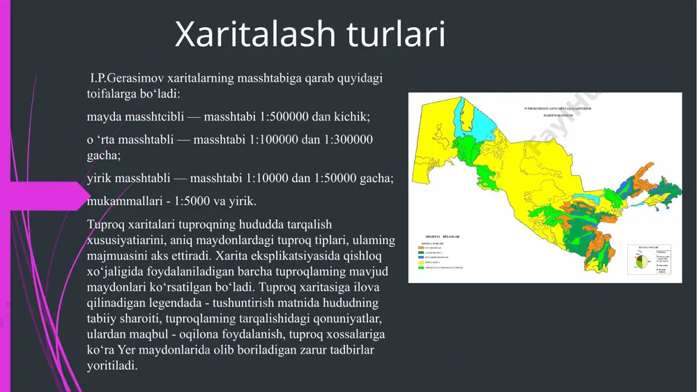 roq qoplamining murakkabligi va xo'jalikning yo‘nalishiga bogiiq. 0 ‘zbekistonning paxtachilik xo‘jaliklarida odatda, relyefi tekisroq boigan sharoitda 1:10000 (1 sm da 100 m) masshtabli tuproq xaritalari tuziladi. 2010-yili “yergeodezkadastr” davlat qo‘mitasining topshirig‘iga binoan ushbu qo‘mita tasarrufidagi “tuproqshunoslik va agrokimyo” ilmiy tadqiqot davlat instituti olimlari tomonidan respublikamizda birinchi marta “0 ‘zbekiston respublikasi tuproq qoplamlari atlasi” yaratildi. atlasni nashrga tayyorlash va nashr etish “kartografiya” ilmiy ishlab chiqarish davlat korxonasi xodimlari tomonidan amalga oshirildi. karta va atlaslarning tuzilishi kartalar 1:350 000; 1:400 000; 1:600 000; 1:750 000; 1:800 000; 1:2 000 000; 1:2 500 000; 1:4 000 000 masshtablarda tuzilgan. atlasda qoraqalpog‘iston respublikasi, barcha viloyatlar va 0 ‘zbekistonning tuproq xaritalari berilgan. shuningdek, atlasda respublikamizning tuproq-geografik va geomorfologik rayonlashtirish xaritalari berilgan. tuproq xaritalarida sifatli rang (fon) usuli bilan balandlik mintaqasi tuproqlari beshta guruhga, ya’ni, och qo'ng'ir, jigarrang, to‘q tusli bo‘z, tipik bo‘z va och tusli bo‘z tuproqlar mintaqasiga ajratib tasvirlangan. cho‘l zonasi tuproqlari esa ikkita …