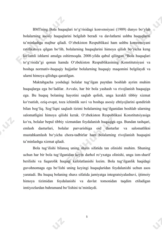 y zo‘ravonlikdan himoyalanish huquqidir. bolalar o‘z oilalarida, ta’lim muassasalarida, ijtimoiy muhitda har qanday zo‘ravonlik, kamsitish yoki ekspluatatsiyadan himoyalangan bo‘lishlari lozim. bolalar mehnat ekspluatatsiyasidan himoyalangan bo‘lishi, majburiy mehnatga jalb qilinmasligi va ularning qobiliyatlari zo‘rlik bilan suiste’mol qilinmasligi kerak. bmtning bola huquqlari to‘g‘risidagi konvensiyasida ham bolalarni ishlashga majburlash taqiqlangan va har qanday ekspluatatsiya holatlariga qarshi choralar ko‘rilishi lozimligi ta’kidlangan. bundan tashqari, bolalar o‘z fikrlarini ifodalash va ularning manfaatlariga mos qarorlar qabul qilinishida ishtirok etish huquqiga ham ega. albatta, maktabgacha yoshdagi bolalar o‘z fikrlarini to‘liq shakllantira olmasligi mumkin, lekin ular uchun muhim bo‘lgan masalalarda ularning fikri inobatga olinishi kerak. masalan, bola yashash joyini, ta’lim olish muassasasini tanlash yoki unga tegishli bo‘lgan muammolar bo‘yicha ovozga ega bo‘lishi lozim. bu huquq bolaning shaxs sifatida shakllanishiga yordam beradi va ularning ijtimoiy hayotda faol ishtirok etishini rag‘batlantiradi. bolalarning axborot olish va madaniy hayotda ishtirok etish huquqlari ham mavjud. ular yoshiga mos keladigan axborot manbalaridan foydalanish, o‘zlari uchun …