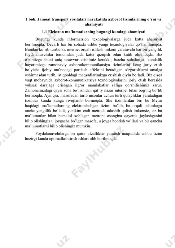 chizmada toshkent metropolitenining qurilayotgan va qurilishi rejalashtirilgan bir nechta qismlari ham ko’rsatilgan, turkiston, yunusobod, fayzulla khodjayev stansiyalari. foydalanuvchiga tushuntirish uchun bir nechta shartli belgilar ham ko’rsatilgan, qaysi liniya qaysi rangda ekanligi, qurilayotgan metro bekatlari shu jumladandir. chizmada yana metro stansiyalarining oldingi nomlari qavslar ichida ko’rsatilgan, va barcha metro bekatlari nomlari ham ko’rsatilgan. ko’rsatilib o’tilgan ilovalarda shuni kuzatish mumkinki, bu yo’nalishda hali hech kim xafsala bilan ishlamagan. bu ilovalarning kamchiliklari anchagina, deyarli ikkalasidayam bittagina funksiya mavjud, ya’ni toshkent metrosining xaritasi bo’ldi! ikkala ilova ham shunday, birgina oynadan iborat faqatgina xaritadan, to’g’ri bu bir tarafdan yaxshi, oddiygina shunday ko’rib olasiz, lekin buning ustiga funksionlliklar qo’shilsa yanada yaxshiroq bo’lar edi. 8 1.3 masalaning qo’yilishi. metro uzbekistan mobil ilovasi o’z oldiga yuqorida ko’rsatilgan kamchilik va nuqsonlarni oldini olish va foydalanuvchilarga qulaylik yaratish maqsadida yaratildi. biz ishlab chiqqan sistema quyidagi masalarni jarayonlarga bo’linadi: - elektron ma’lumotlarning bugungi kundagi dolzarbligi - mavjud tizimlar tahlili - mobil …