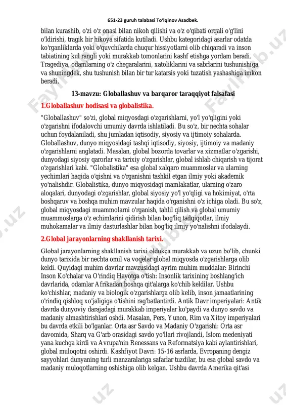 di. 2.“estetika” haqidagi qarashlar tarixi. "estetika" deb atalayotgan kontsept va uning fikrlari muddati muddatga farqli madaniy va falsafa yo'nalishlarida o'zgarib kelgan. qisqa tarixi bo'yicha quyidagi ma'lumotlar mavjud: antik davr: estetika fikrlari yirik qadriyatlar va uning boshlang'ich tushunchalari antik yunon va rim dunyosiga oid. antik yunon falsafiyalarida, go'zallik, san'at va estetik tajribalar ustida o'ylangan. misol uchun, platon go'zallik tushunchasini "idealar" doirasida ko'rishgan, aristotel esa san'at va go'zallikni tabiatning ta'kidlab turish sifatida ko'rdi. antik davrda, estetika fikrlari asosan falsafa matnlarida muhokama qilingan edi va tragediya kabi san'at shakllari shakllanib keldi. o'rta asr: o'rta asr davrida, estetika fikrlari ko'p o'zgarib ketdi va asosan qo'shniy tajribalarga ta'sir ko'rdi. bu davrda, san'at ko'plab hodisalar, adabiyot, architektura, va musiqa ustida o'rganib chiqildi. estetika o'rtasida, umumiy yurish butun dunyo bo'ylab, chet tillarda va adabiyotlarda, diniy shakllashishlarda, architekturada kabi muammolarga oid hujjatlarning bilishlari mavjud. renessans davri: renessans davrida, estetika fikrlari yanada o'sib 651-23 guruh talabasi to‘lqinov asadbek. boryapti. …