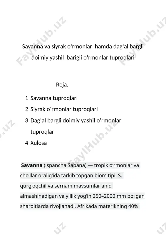 tropik va pastki-tizimli zonali landshaftdir, bu erda yilning nam va quruq mavsumining o'zgarishi doimo yuqori havo harorati (15-32 ° s) da aniq ifodalangan. ekvatordan masofa oshgani sayin, nam-mavsum muddati 8-9 oydan 2-3 yilga, yog'ingarchilik miqdori yiliga 2000 dan 250 mm gacha kamayadi. yomg'irli mavsumda o'simliklarning zo'rovonlik bilan o'sishi daraxtlarning sekin o'sishi, o'tlarning yonishi bilan qurg'oqchilikning qurg'oqlari bilan almashtiriladi. natijada tropik va subtropik qurg'oqchilikka chidamli kserofitik o'simliklarning kombinatsiyasi hisoblanadi. ba'zi o'simliklar tanadagi namlikni (baobab, shisha daraxti) saqlashi mumkin. 3-5 m gacha bo'lgan yuqori o'tlar cho'llarda hukmronlik qiladi, ular orasida kamdan-kam hollarda o'sadigan butalar va yagona daraxtlar o'sib chiqadi, ularning paydo bo'lishi ekvatorga yo'nalishda ko'tariladi, chunki nam mavsum mavsumda o'rmonlarga moyil bo'ladi. janubiy afrikada, avstraliyada va hindistonda savannalar mavjud bo'lsa-da, bu ajablanarli tabiiy jamoalarning keng doiralari afrikada joylashgan. savannah afrikaning eng keng tarqalgan va o'ziga xos landshaftidir. markaziy afrika tropiklarining savannasi zonasini keng belbog' bilan o'rab oladi. shimolda, gvineya-sudan savannaları atlantika okeanidan …