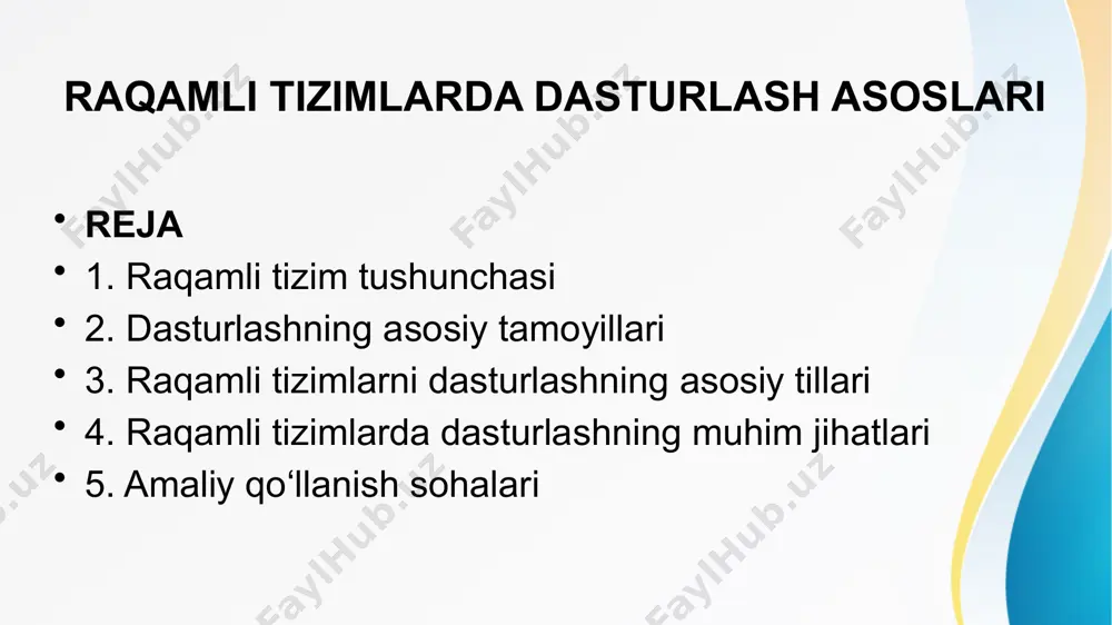niladi. - real vaqt rejimi: ba’zi tizimlar uchun ishlash vaqtini qat’iy belgilash talab etiladi. 5. amaliy qo‘llanish sohalari raqamli tizimlarni dasturlash quyidagi sohalarda qo‘llaniladi: - robototexnika: robotlarning harakatini boshqarish. - avtomatlashtirish: ishlab chiqarish jarayonlarini boshqarish. - tibbiyot: diagnostika va tahlil qilish qurilmalari. - iot (internet of things): aqlli qurilmalar tizimini boshqarish. xulosa raqamli tizimlarda dasturlash asoslari zamonaviy texnologiyalarni samarali ishlatishda muhim ahamiyatga ega. dasturlash ko‘nikmalariga ega bo‘lgan mutaxassislar raqamli tizimlarni ishlab chiqishda, sinovdan o‘tkazishda va takomillashtirishda yetakchi rol o‘ynaydi. etiboringiz uchun rahmat image2.jpeg /docprops/thumbnail.jpeg