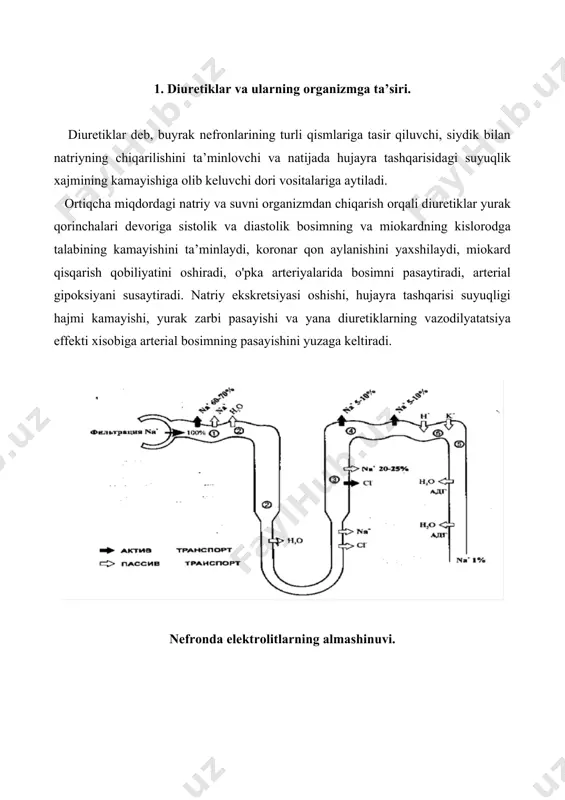 furosemid, uregit, torasemid); g. genli qovuzlog’ining ko’tariluvchi qismi kortikal soxasi va distal kanalcha boshlang’ich qismiga: tiazidli (dixlotiazid) va tiazidsimon (indapamid, klopamid) diuretiklar; d. distal kanalcha oxirgi qismiga va yig’uvchi kanalchalarga: aldosteron antagonistlari (spironolakton, triamteren, amilorid). 2. klinik ta’sir kuchiga ko’ra: a) kuchli, tez ta’sir qiluvchi diuretiklar: dv na+ reabsorbsiyasi buzishi ya’ni natriyuretik ta’siri bilan bog’liq. qanchalik tez na+ chiqib ketsa, unga mos ravishda shuncha suv chiqib ketadi (siydik ajralishi 8 ml/daq dan yuqori) -filtrlangan natriyning 15-25 %ini ekskretsiya qiladigan: qovuzloqli diuretiklar. -suvli diurez chaqiruvchilar: osmotik diuretiklar. b) o’rtacha kuchli, filtrlangan natriyning 5-10 %ini ekskretsiyalaydi: tiazidli va tiazidsimonlar. v) kuchsiz, filtrlangan natriyning 5% dan kam qismini ekskretsiyalaydi: kag ingibitorlari va kaliy saqlovchi diuretiklar. 3. diurez olish tezligi va uning davomiyligiga ko’ra: a) kuchli diuretiklar, tez va nisbatan qisqa muddatli diuretik tasirga ega (tasiri 1 soatgacha yuzaga kelib, 5-8 soat davom etadi): qovuzloqli va osmotik diuretiklar b) o’rta ta’sirli diuretiklar (ta’siri bir …