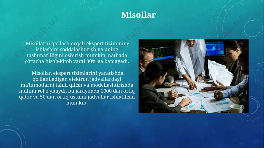 alash va pivot jadvallarni yaratish orqali 50,000 ta qatorlik ma'lumotlar to'plamini tahlil qilish va kerakli ma'lumotlarni tezkor topish imkoniyati mavjud. elektron jadvallardagi shartli formatlash vositalari yordamida ma'lumotlarning 30% dan ortig'i muayyan mezonlarga javob beradigan qatorlarni avtomatik ravishda aniqlash va ta'kidlash mumkin. amaliy qo'llanmalar moliyaviy prognozlashda, 3 yillik davr uchun 5 ta turli stsenariyni hisoblashda, ekspert tizimi bilan bog'langan elektron jadvallar aniqlikni oshirish bilan birga, xatoliklar sonini 15% ga kamaytirdi. ekspert tizimlaridan foydalanib, 500 dan ortiq mahsulotning narxini hisoblash va tahlil qilish uchun elektron jadvallar muvaffaqiyatli qo'llanilmoqda, bu esa vaqtni 30% ga tejash imkonini beradi. ekspert tizimlari va elektron jadvallarning integratsiyasi ekspert tizimlarining qarorlarni qabul qilish jarayonlarini avtomatlashtirishdagi samaradorligi elektron jadvallardagi katta hajmdagi ma'lumotlarni tahlil qilish bilan 30% ga oshirilishi mumkin. elektron jadvallar ekspert tizimlariga kirish ma'lumotlari sifatida xizmat qilib, ularning ishlash tezligini 2-3 baravar tezlashtirishi va aniqlikni 15% ga oshirishi mumkin. elektron jadvallar nima? elektron jadvallar, ma’lumotlarni satr va ustunlardan …