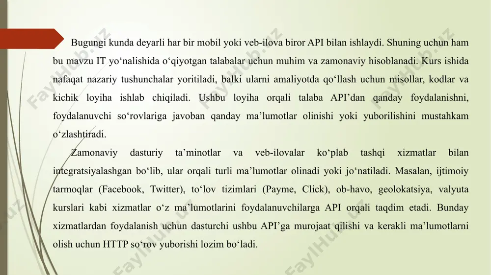 ab dasturiy ta’minotlar va mobil ilovalar biror tashqi xizmat bilan ma’lumot almashadi. misol uchun, ob-havo ilovalari meteorologik xizmatlardan ma’lumot oladi, to‘lov tizimlari bank api’lari bilan ishlaydi, va ijtimoiy tarmoq ilovalari foydalanuvchi ma’lumotlariga api orqali murojaat qiladi. ushbu jarayonlarning barchasida api texnologiyasi muhim o‘rin egallaydi. shu sababli, dasturchilar uchun api bilan ishlash ko‘nikmasi bugungi kun it sohasida eng talabgir va dolzarb ko‘nikmalardan biri hisoblanadi. python tili esa o‘zining soddaligi va keng kutubxonalar to‘plami bilan api bilan ishlashni yanada osonlashtiradi. ayniqsa, requests kutubxonasi orqali api bilan tez va qulay ishlash mumkinligi uni keng qo‘llaniladigan vositaga aylantirgan. kurs ishining vazifasi - mavzuning mazmunidan kelib chiqib shakllantirilgan bo‘lib, asosan api haqida nazariy bilimlarga ega bo‘lish, python dasturlash tili va uning requests kutubxonasi bilan ishlashni o‘rganishdan iborat. kurs ishi davomida avvalo api tushunchasi, uning zamonaviy dasturlashdagi o‘rni va imkoniyatlari o‘rganiladi. shundan so‘ng, python tilining ushbu sohadagi qulayliklari va requests kutubxonasining asosiy funksiyalari amaliy jihatdan tahlil …
