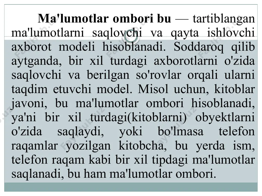 arni saqlashni tashkil qilish. bu ma'lumotlar bazasining asosiy ob'ekti. qolganlari jadvaldan olingan. shakllar - ko'rish va qayta ishlash uchun qulay shaklda jadvaldagi ma'lumotlarni ekranga chiqarish uchun moslamalar. ma'lumotlar - ma'lum belgilarga muvofiq jadval ma'lumotlarini tanlash va filtrlash ob'ektlari. hisobot - jadvaldan ma'lumotlarni chop etish uchun shakllantirish. makroslar - buyruqlar ketma-ketligi va ularning avtomatik bajarilishi ko'rinishidagi harakatlar tavsifi. modullar - foydalanuvchi nostandart protseduralarni amalga oshirish uchun ishlab chiqadigan visual basic dasturlari. korxona-munosabatlar modeli (er-model) (o'zb. - korxona-munosabatlar modeli yoki tashkilot-munosabatlar diagrammasi) - umumlashtirilgan blok dizaynidan foydalanib, kontseptual sxemalarni tasvirlashga imkon beruvchi ma'lumotlar modeli. er modeli bu ma'lumotlarning meta-modeli, ya'ni ma'lumotlar modellarini tavsiflash vositasi. maydon - ob'ektning ma'lum bir mulki (parametr) qiymatlarini saqlash uchun mo'ljallangan jadval ustuni. yozib olish - stolning qatori. bitta yozuvda ma'lumotlar bazalarida tavsiflangan alohida ob'ekt haqidagi ma'lumotlar mavjud. ma'lumotlar bazasi ma'lumotlar bazasi turli xil jadvallarning ma'lumotlarini o'z ichiga olgan ma'lumotlar bazasi ob'ektlarini yaratishga imkon beradi. buning uchun jadvallar …