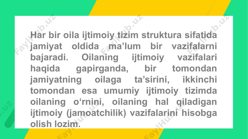 guliston yoxud axloq” asarida “tarbiya bizlar uchun yo hayot yo mamot, yo najot-yo halokat, yo saodat yo falokat masalasidir”-deb ta’kidlab o’tgan edi. bu o’rinda jismoniy tarbiyani ham aytib o’tish kerak. “sog’lom tanda sog’lom aql”- deyishadi. tarbiyaviy funksiyasi ③ add your title oilaning funksiyalari bu axloqiy psixologik himoyani ta’minlash,shuningdek bolalarga va mehnatga yaroqsiz keksa qarindoshlarga moddiy- ma’naviy yordam ko’rsatishdan iborat jarayondir. boshqacha aytganda, rekriativ vazifa jismoniy, moddiy, psixologik yordam ko’rsatish. shuningdek, oila a’zolarini salomatligini asrash,dam olishni tashkil etishni o’z ichida qamrab oladi. rekriativ funksiyasi ③ add your title oilaning funksiyalari bu vazifasi jamiyat davomiyligini ta’minlashdan iborat. yani har bir oilada farzand ko’rish orqali ovladlar davomiyligi saqlanib turadi. farzandni tug’ulishi er-xotin o’rtasidagi munosabatni mustahkamlaydi. a.antonov ta’kidlashicha oiladagi bolalar soni 2,6 tadan kam bo’lmasligi avlodlar davomiyligini saqlab turadi.agar har bir oilada 1tadan farzand dunyoga kelsa bu millat 8-avlodga borib yo'qolib ketadi. bu o’rtacha hisoblangan jamiyat uchun tegishli. xitoy bunday holatdan mustasno. reproduktiv funksiyasi …