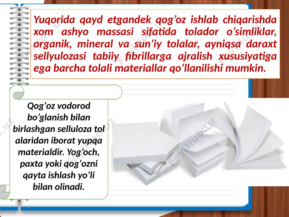 ukturasida uning uzilish va buklanish holatida ma’lum pishiqlik yaratadi. qog’ozning 600 dan ortiq turi bor. qog’oz asosan, yozish, daftar va kitoblar chiqarish uchun ishlatiladi. koʻpchilik hollarda qog’oz va karton toʻqimachilik, yogoch ishlash va shisha sanoati mahsulotlari bilan raqobatlashmoqda. ular turli metall buyumlari oʻrnini egallamoqda, konstruksion, izolyatsiyalovchi, qistirma, filtrlovchi, pardozlovchi va h.k. materiallar sifatida ishlatilmoqda. adabiyotlar ro’yxati: 1.alimova x. bezotxodnaya texnologiya pererabotki shelka. tashkent. “fan”, -1994. 2.usenko a., zabolotskiy l.m. texnologiya shѐlkopryadeniya. m.tizleknrom. 1961.-392 s. 3. z. sovershenstvovaniye texnologii podgotovki shѐlkovix otxodov k chesaniyu (obzor). tuychiyev d., muxamedov m.m., burnashev i.z. tashkent: gfnti, 1993. 4.alimova x.a. o problemax ratsionalpogo ispolzovaniya otxodov pererabotki kokonnogo sirya. shelk: rs/ uzniinti. 1992. - № 6. -s.18-19. 5.deryagin b.v. chto takoye greniye? m: an 1963. -230 s. 6.maxkamov r.g. osnovi protsessa vzaimodeystviya poverxnostey tverdix tel s voloknistoy massoy. tashkent: fan - 1979. image2.jpg image3.jpeg image4.jpeg image5.jpeg image6.jpeg image7.jpeg image8.jpeg image9.jpeg image10.jpeg image11.jpeg image12.jpeg image13.jpeg image14.jpeg image15.jpeg …