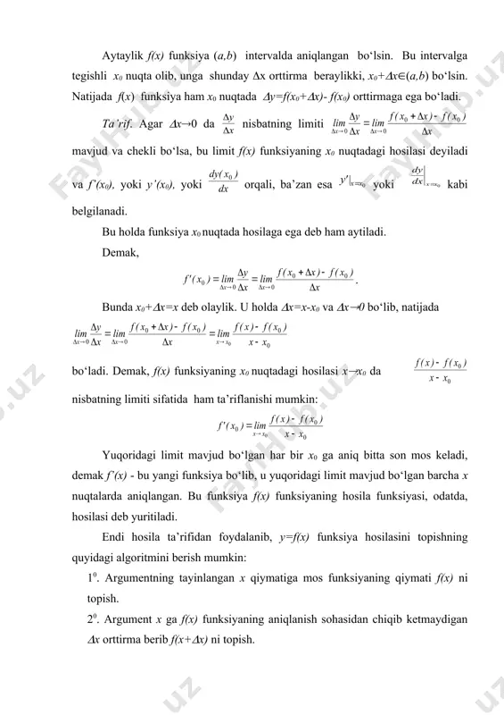 k, f(x) funksiyaning x0 nuqtadagi hosilasi x(x0 da nisbatning limiti sifatida ham ta’riflanishi mumkin: yuqoridagi limit mavjud bo‘lgan har bir x0 ga aniq bitta son mos keladi, demak f’(x) - bu yangi funksiya bo‘lib, u yuqoridagi limit mavjud bo‘lgan barcha x nuqtalarda aniqlangan. bu funksiya f(x) funksiyaning hosila funksiyasi, odatda, hosilasi deb yuritiladi. endi hosila ta’rifidan foydalanib, y=f(x) funksiya hosilasini topishning quyidagi algoritmini berish mumkin: 10. argumentning tayinlangan x qiymatiga mos funksiyaning qiymati f(x) ni topish. 20. argument x ga f(x) funksiyaning aniqlanish sohasidan chiqib ketmaydigan (x orttirma berib f(x+(x) ni topish. 30. funksiyaning (f(x)=f(x+(x)-f(x) orttirmasini hisoblash. 40. nisbatni tuzish. 50. nisbatning (x(0 dagi limitini hisoblash. misollar. 1. y=kx+b funksiyaning hosilasini toping. yechish. hosila topish algoritmidan foydalanamiz. 10. argument x ni tayinlab, funksiya qiymatini hisoblaymiz: f(x)=kx+b. 20. argumentga (x orttirma beramiz, u holda f(x+(x)=k(x+(x)+b=kx+k(x+b. 30. funksiya orttirmasi (f(x)=f(x+(x)-f(x)=(kx+k(x+b)-( kx+b)=k(x. 40. = . 50. embed equation.3 = k=k. demak, (kx+b)’=k ekan. …